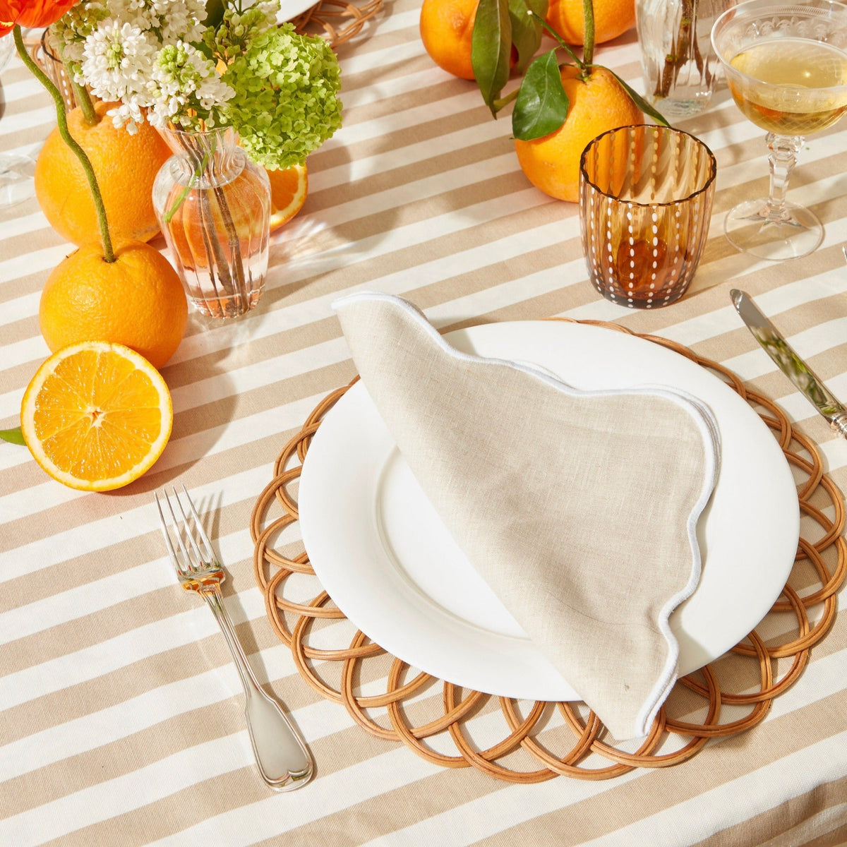 Beige Scallop Napkins with White Embroidery (Set of 4)