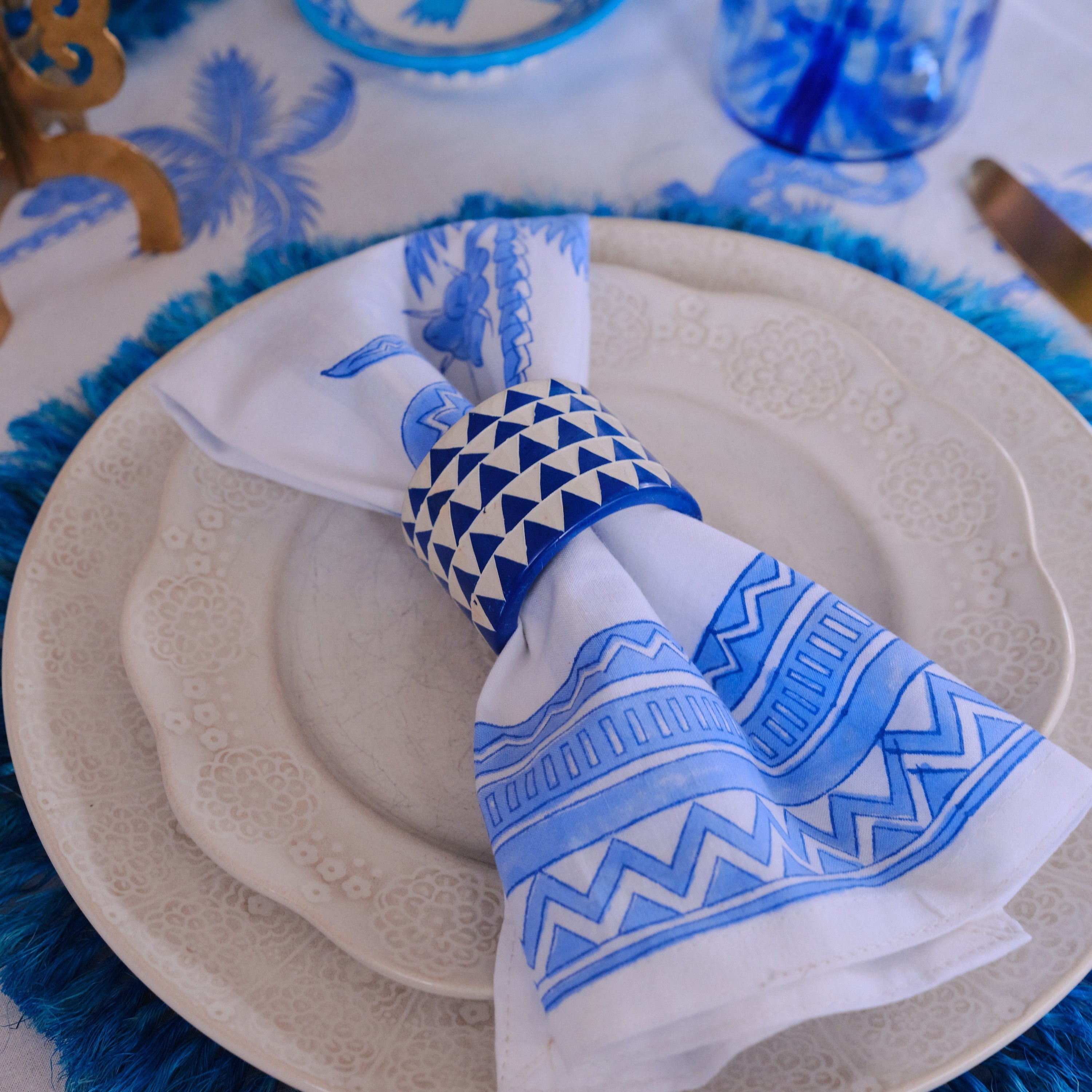 Hand Carved Soapstone Napkin Ring 'Blue Triangles'