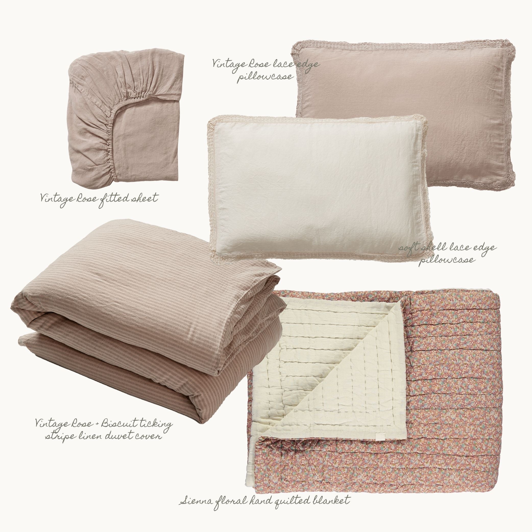 Washed Linen Cotton Oxford Pillowcase with Lace Edge - Vintage Rose