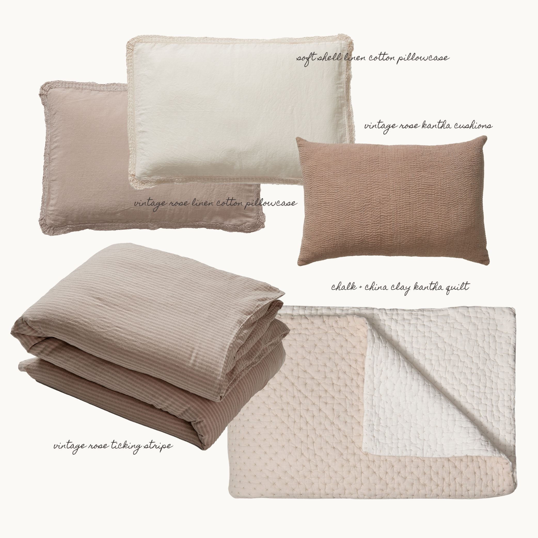 Washed Linen Cotton Oxford Pillowcase with Lace Edge - Vintage Rose