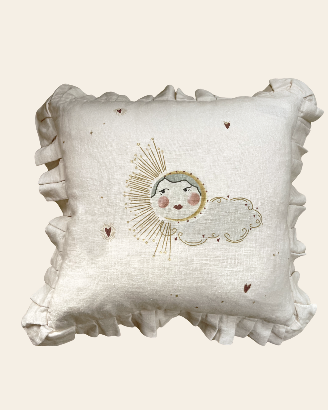 Linen ruffled cushion cover Love Sun