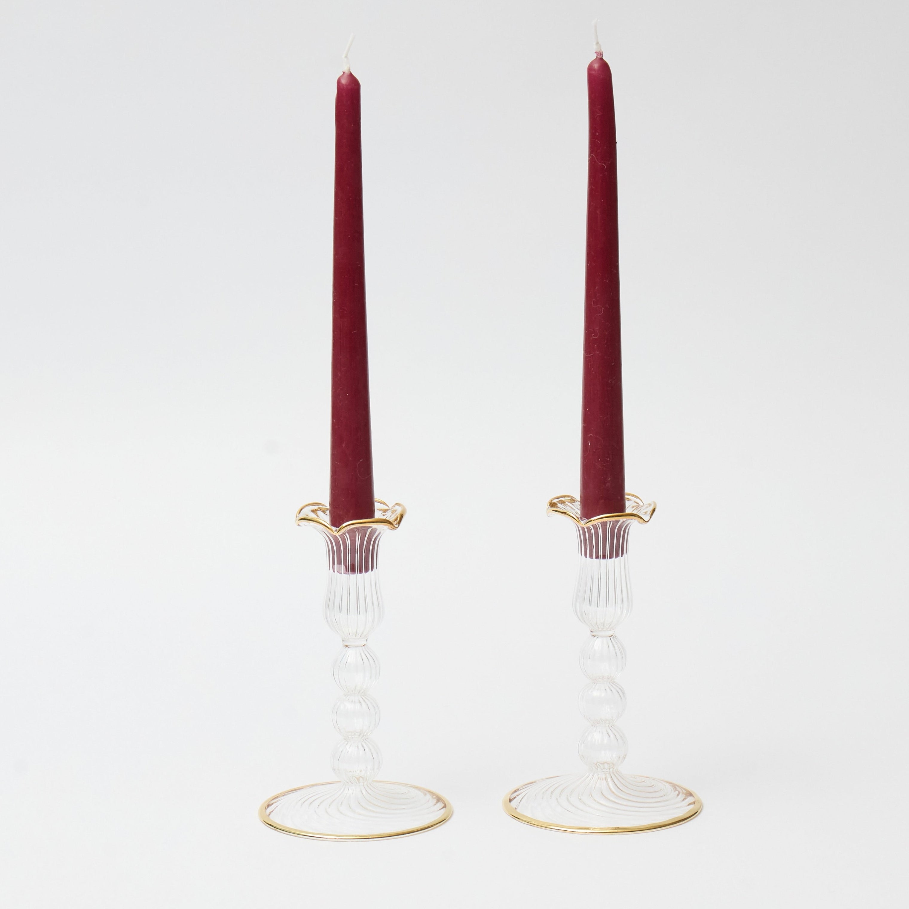 Gold Rimmed Glass Pompom Candlestick (Set of 2)