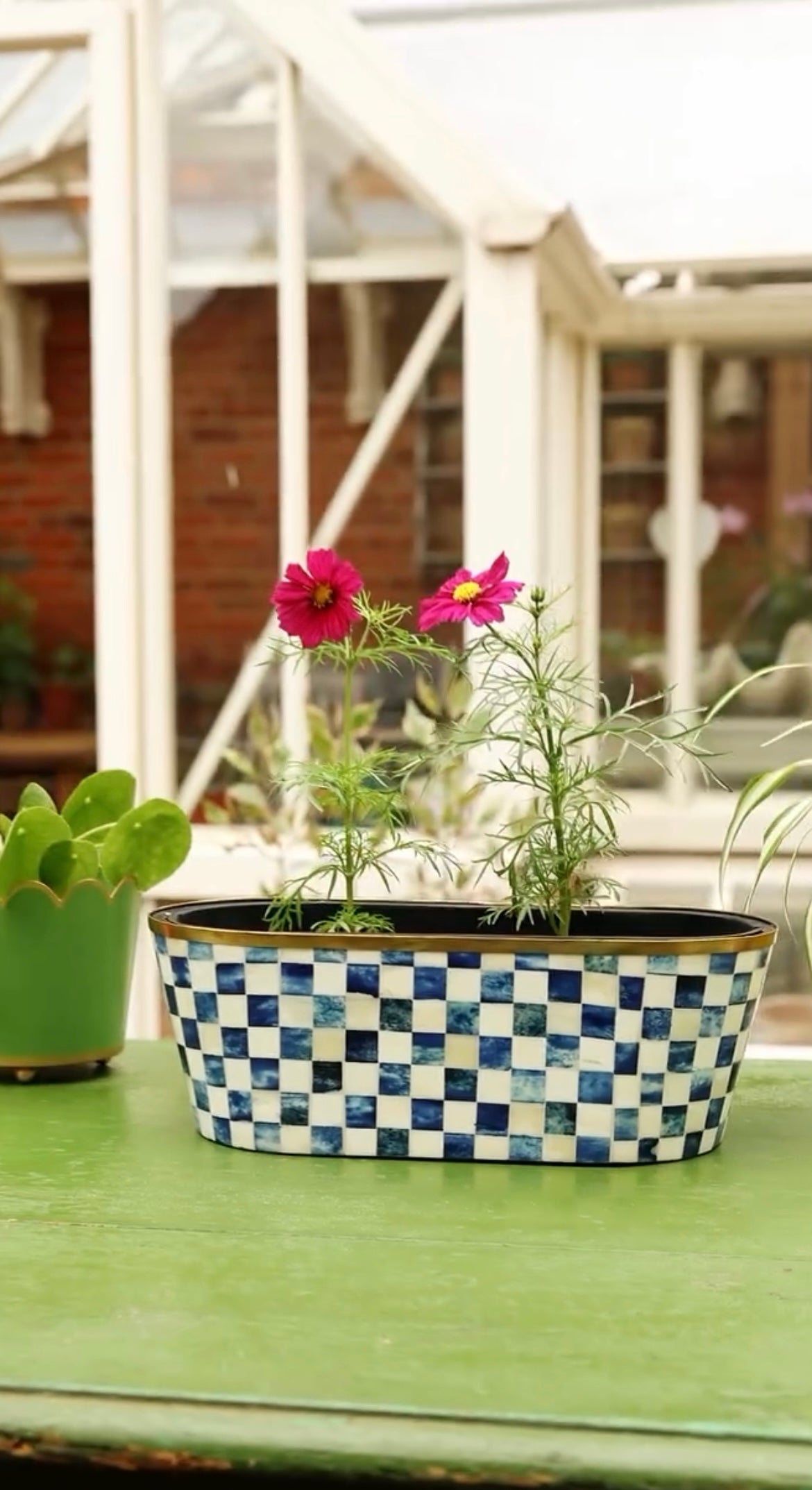 Oblong Inlay Planter | Large | Blue | Chequered