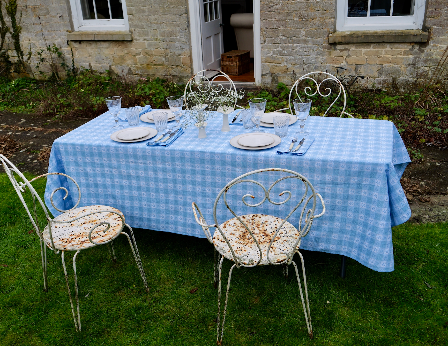 Blue Alpine Chalet Cotton Gingham Tablecloth, Italian Cotton, 230 x 150cm