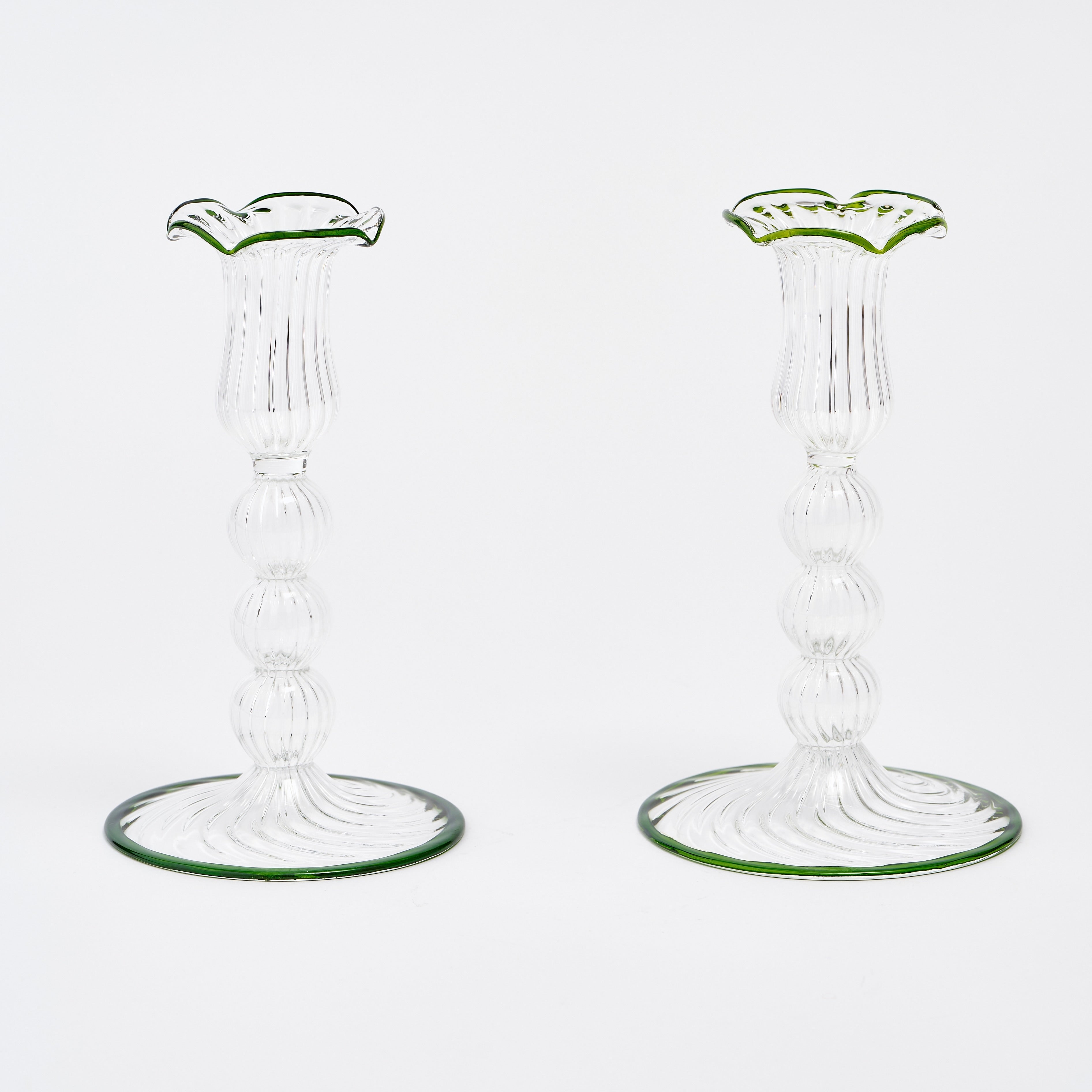 Green Rimmed Glass Pompom Candlestick (Set of 2)