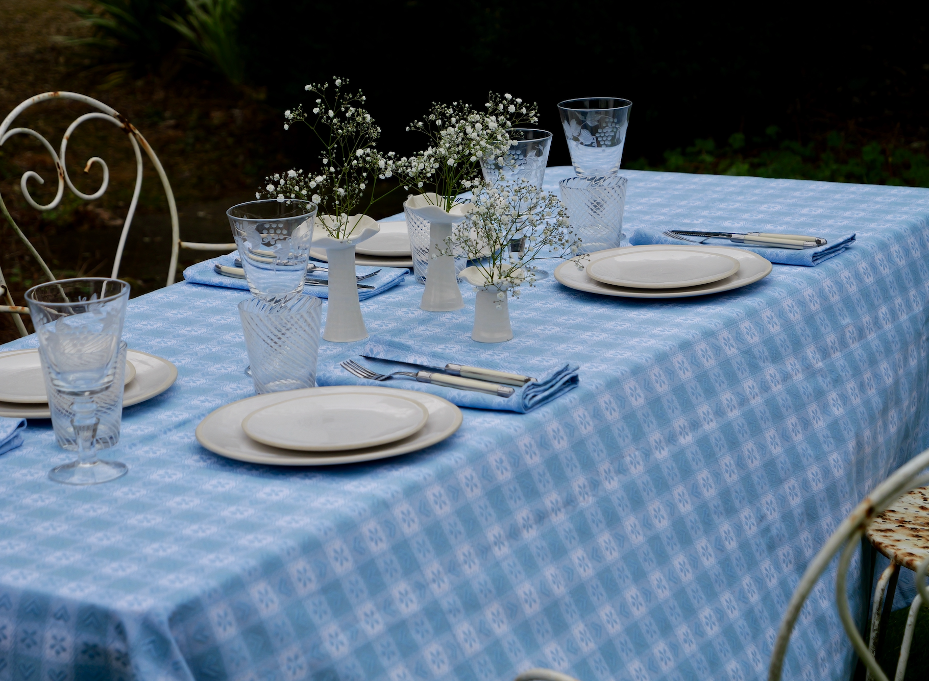 Blue Alpine Chalet Cotton Gingham Tablecloth, Italian Cotton, 230 x 150cm