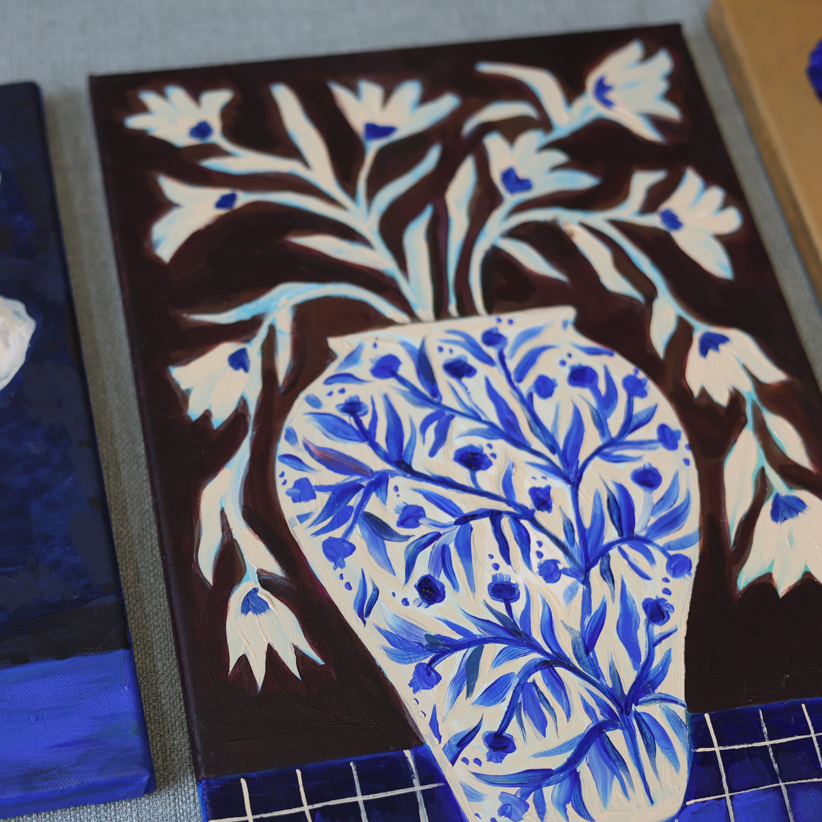 Blue Pomegranate Vase - Original Canvas Painting