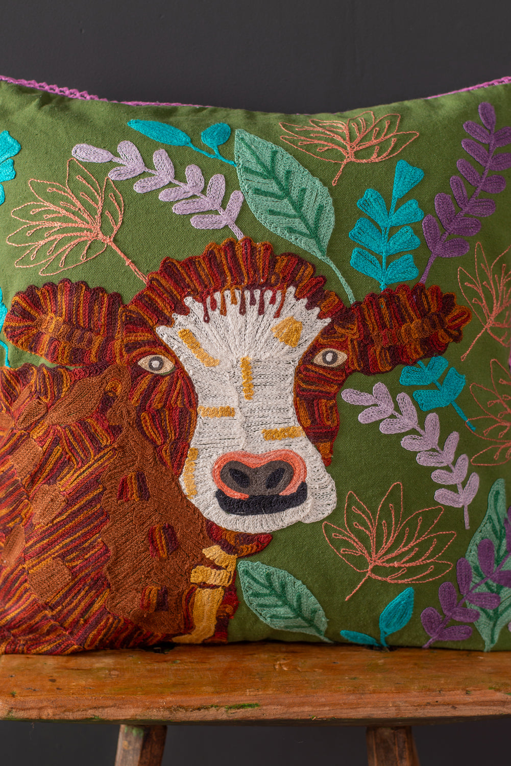 Cow Embroidered Cushion Cover
