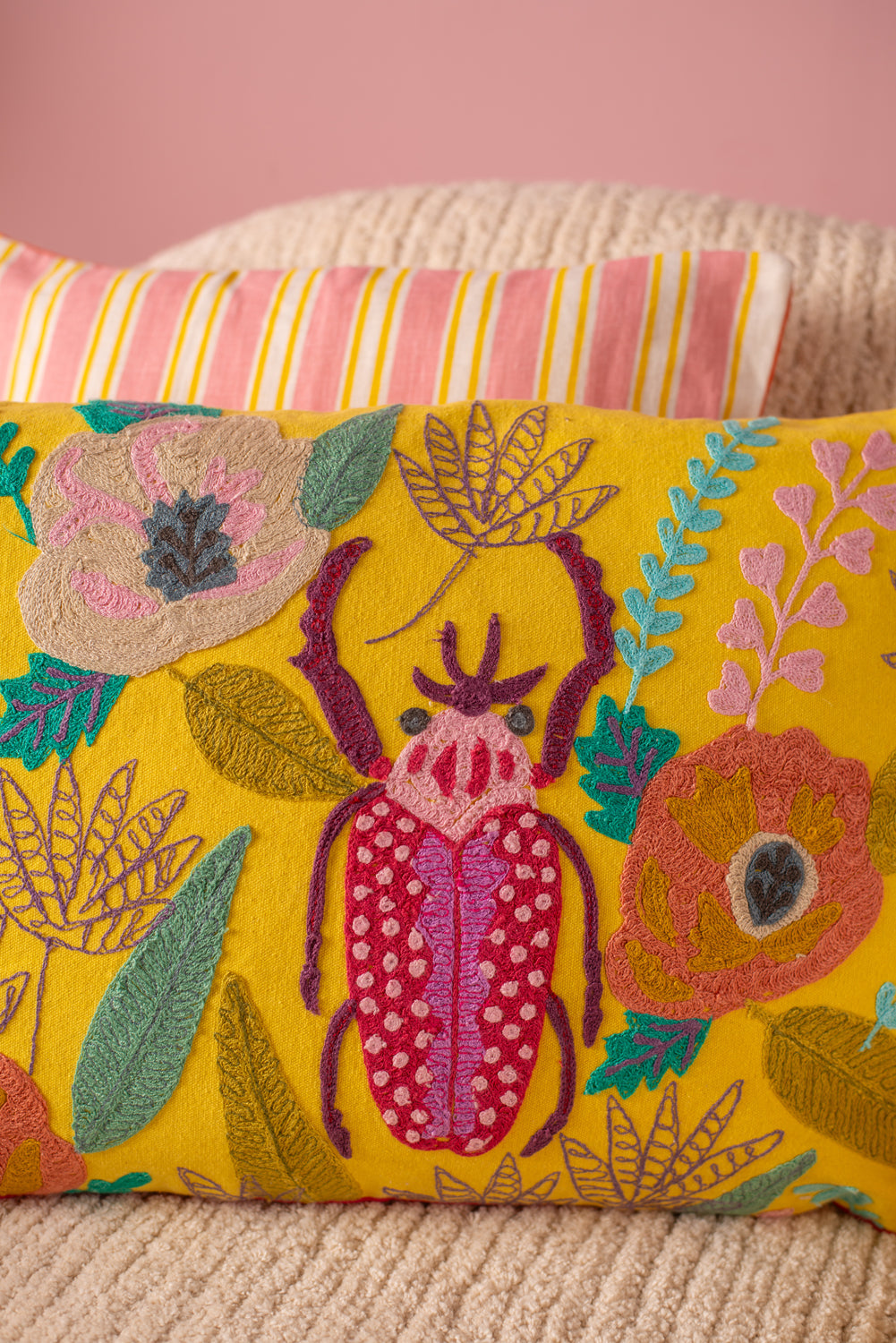 Beetle Embroidered Cushion Cover