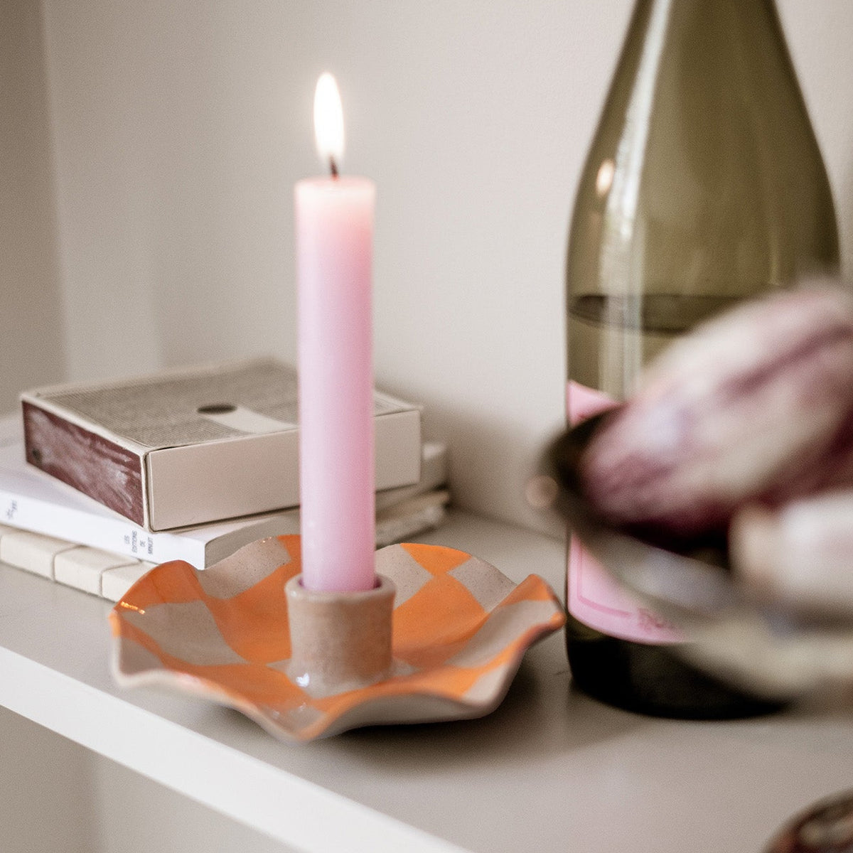 Orange Check Scalloped Candle Holders