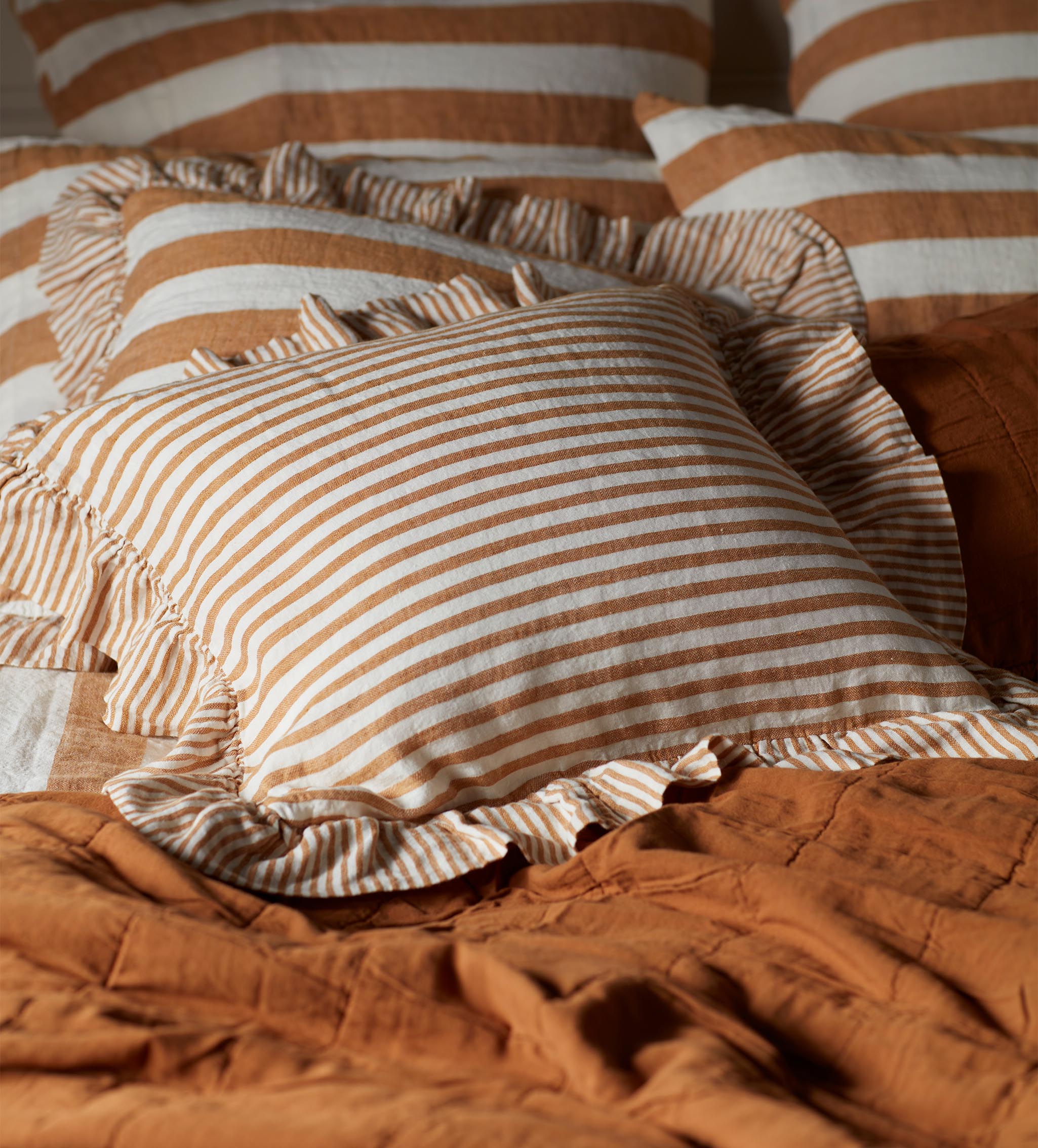 Cora Mid Stripe 100% Linen Frill Edge Cushion Cover | Amber
