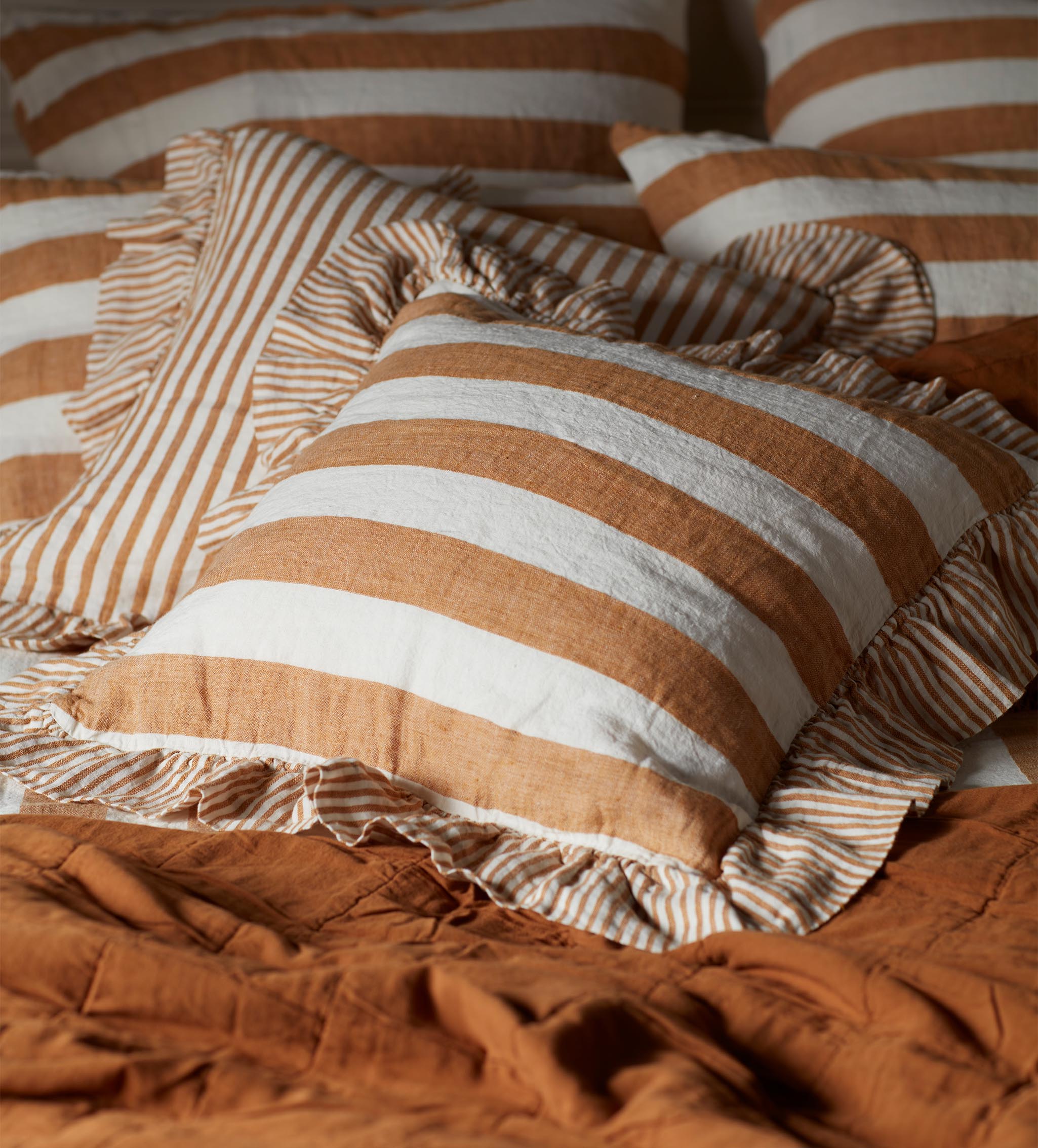 Cora Wide Stripe 100% Linen Frill Edge Cushion Cover | Amber