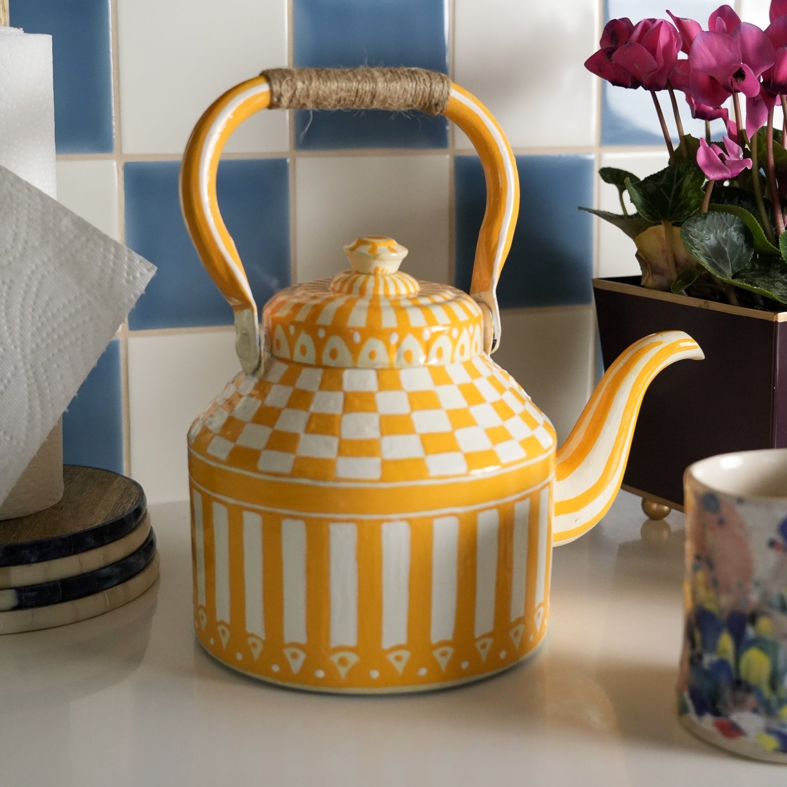 Hand Painted Tea Kettle | Yellow and White | Striped