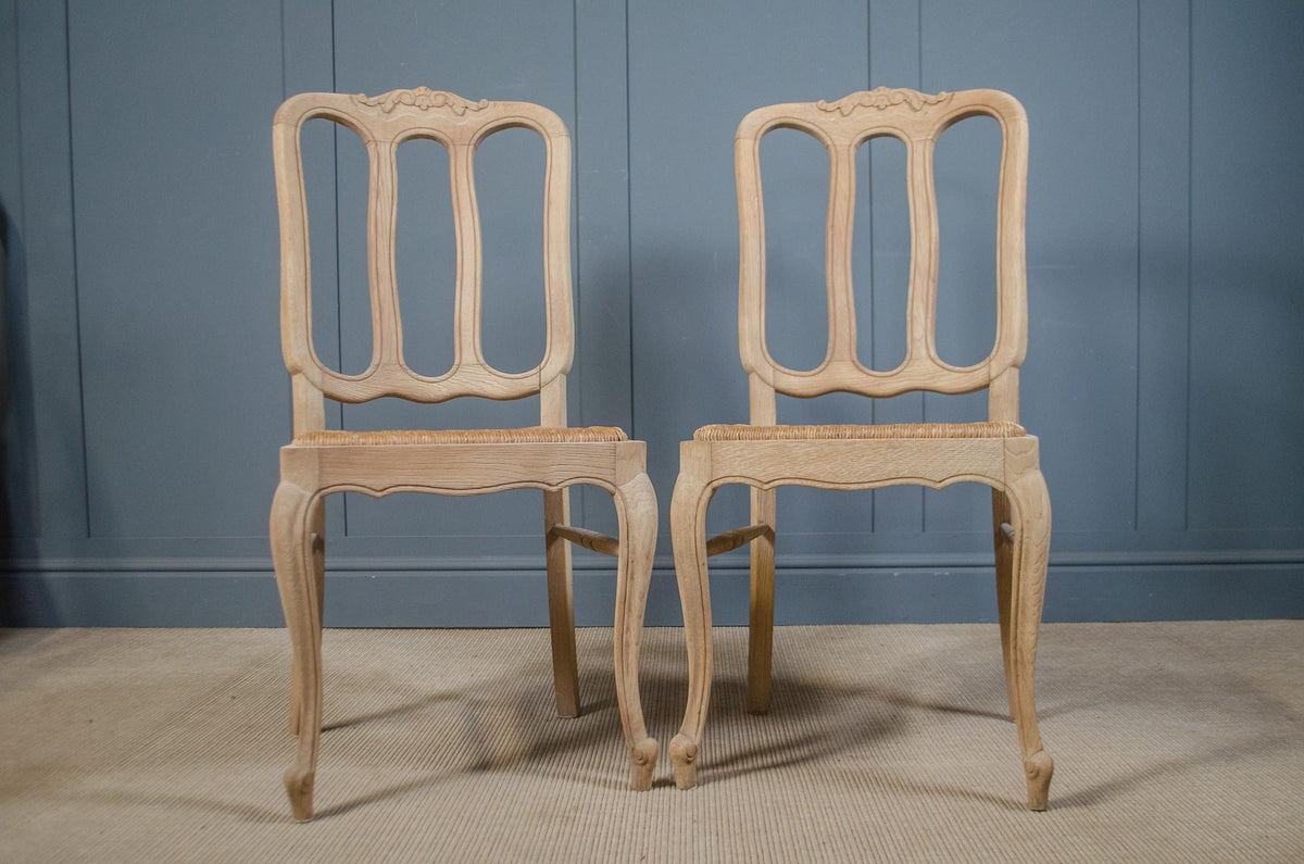 French Extending Oak Parquet Dining Table & Six Rush Seat Chairs