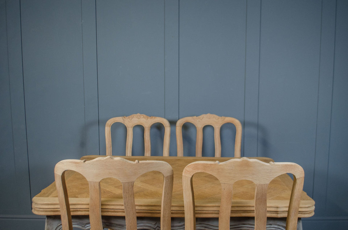 French Extending Oak Parquet Dining Table & Six Rush Seat Chairs