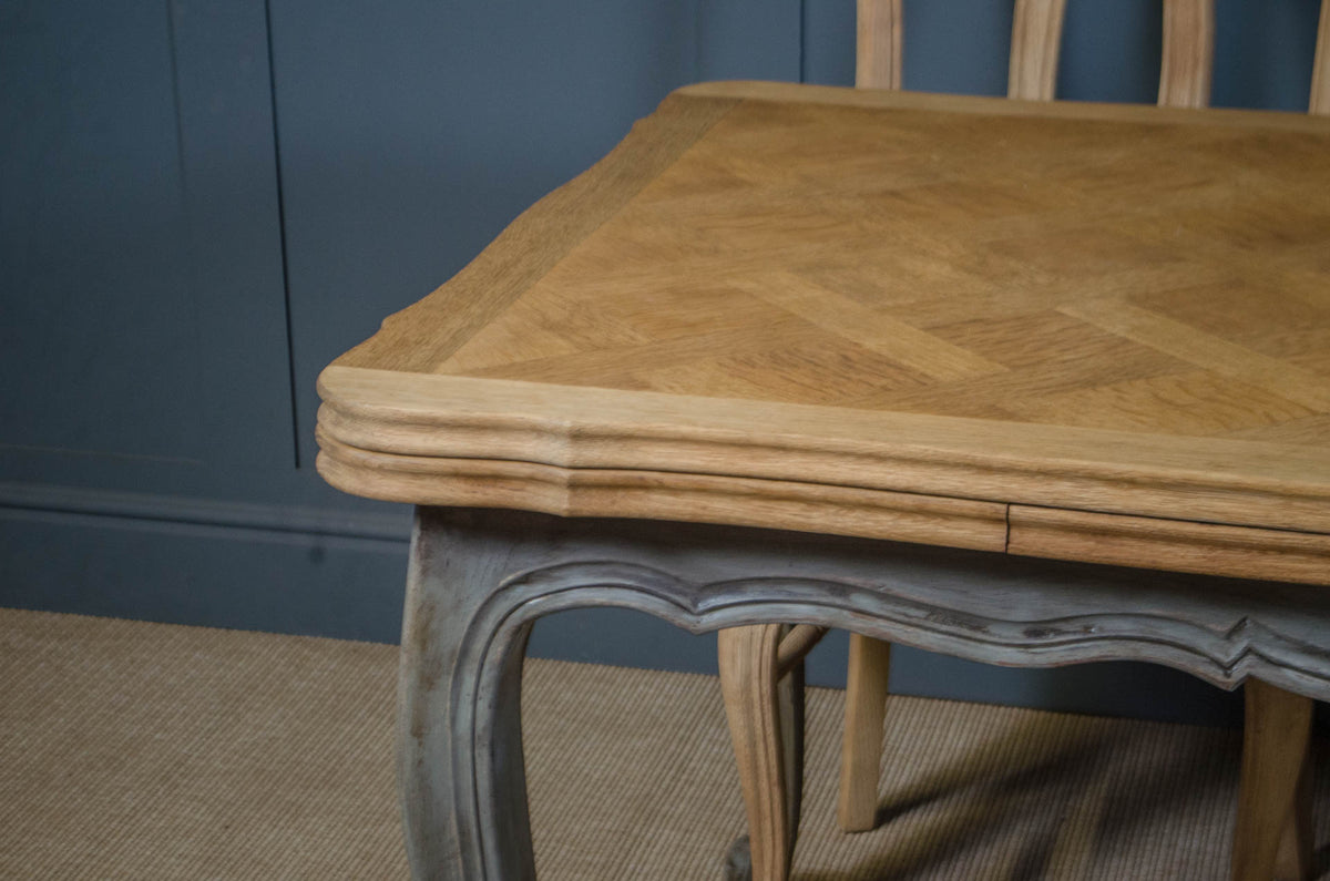 French Extending Oak Parquet Dining Table & Six Rush Seat Chairs