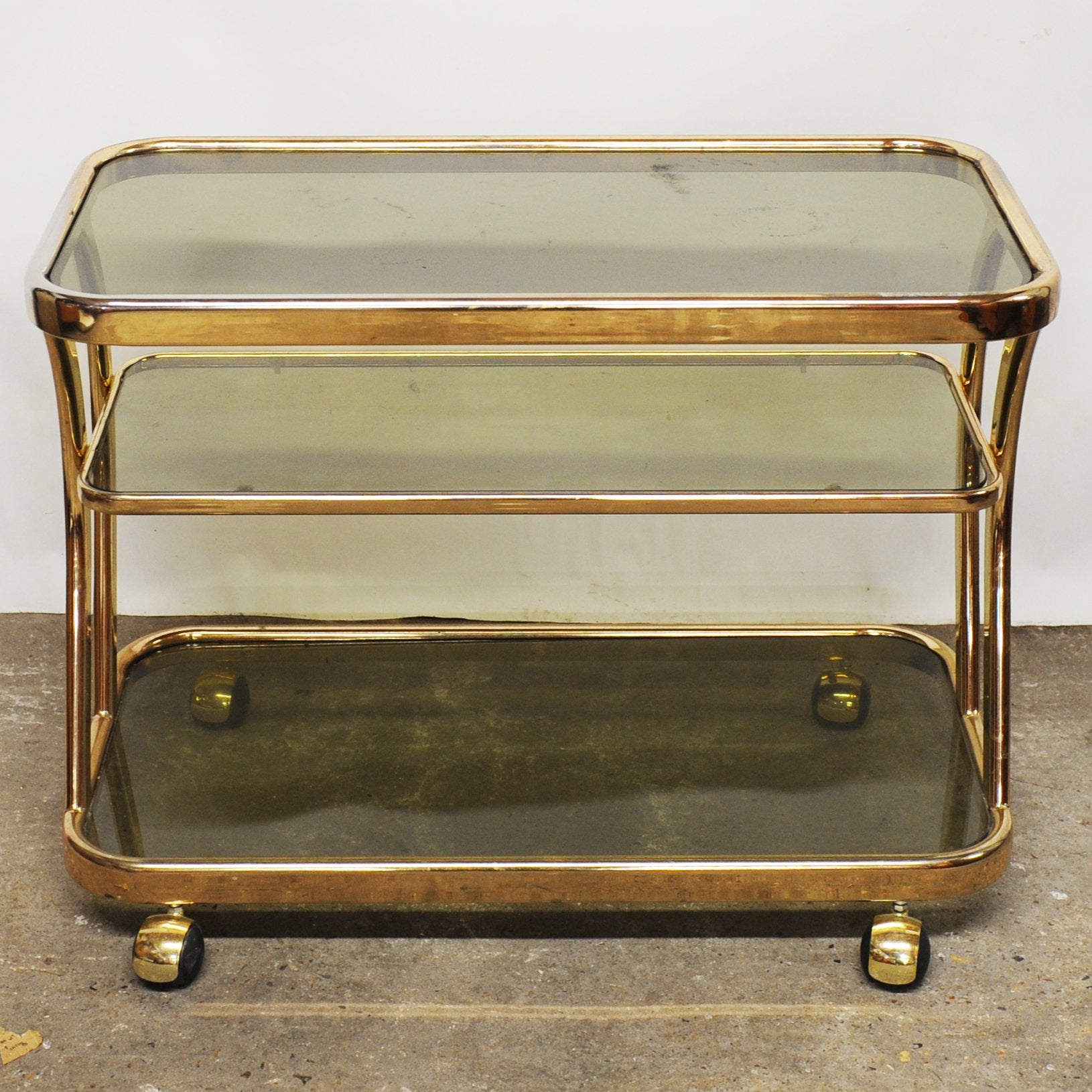 Vintage Brass and Smoked Glass Three Tier Bar Cart by Morex Italy 1970s