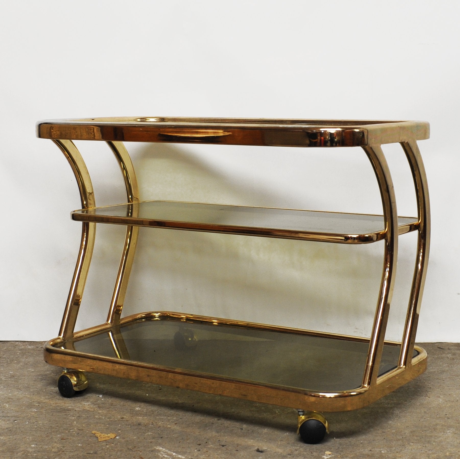 Vintage Brass and Smoked Glass Three Tier Bar Cart by Morex Italy 1970s