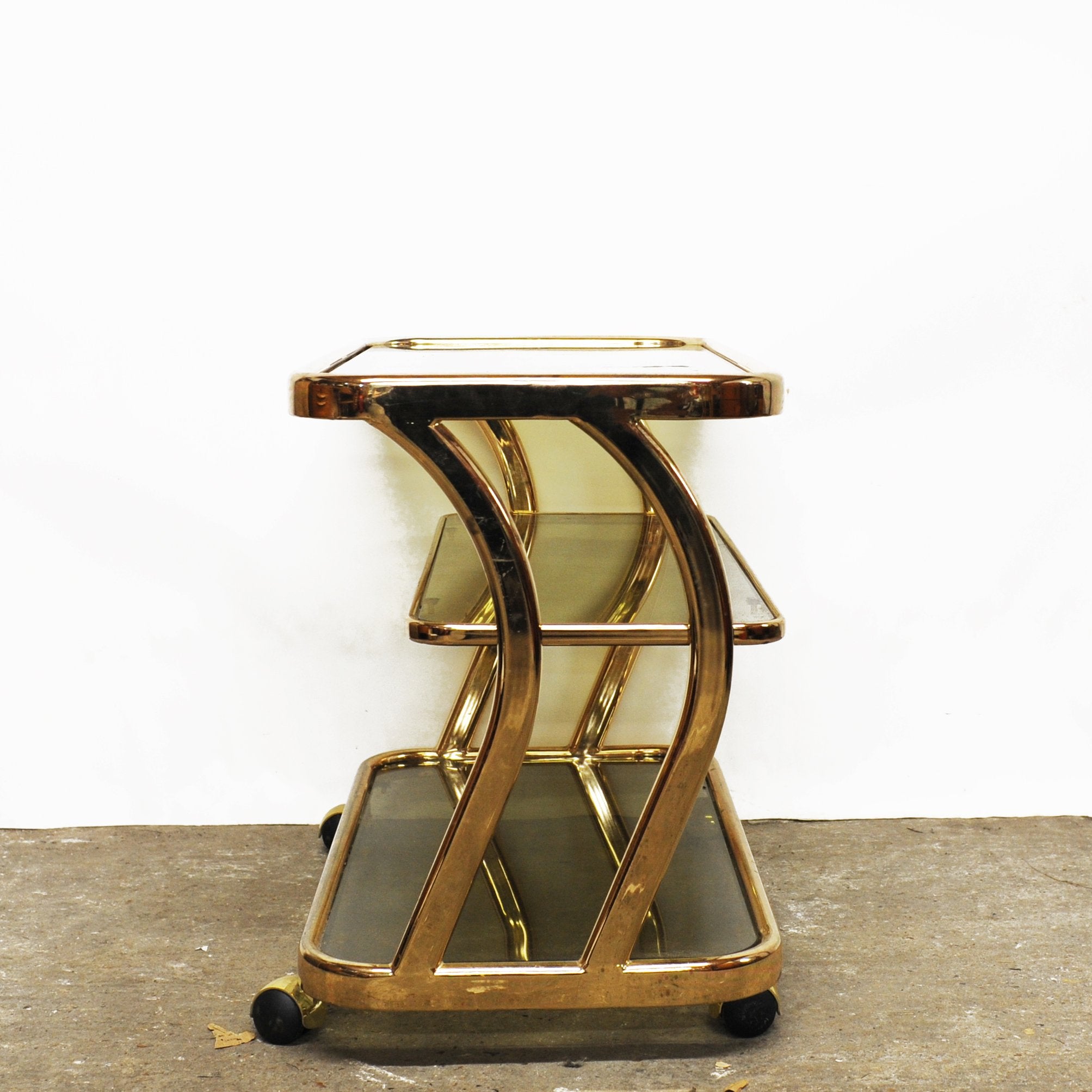 Vintage Brass and Smoked Glass Three Tier Bar Cart by Morex Italy 1970s