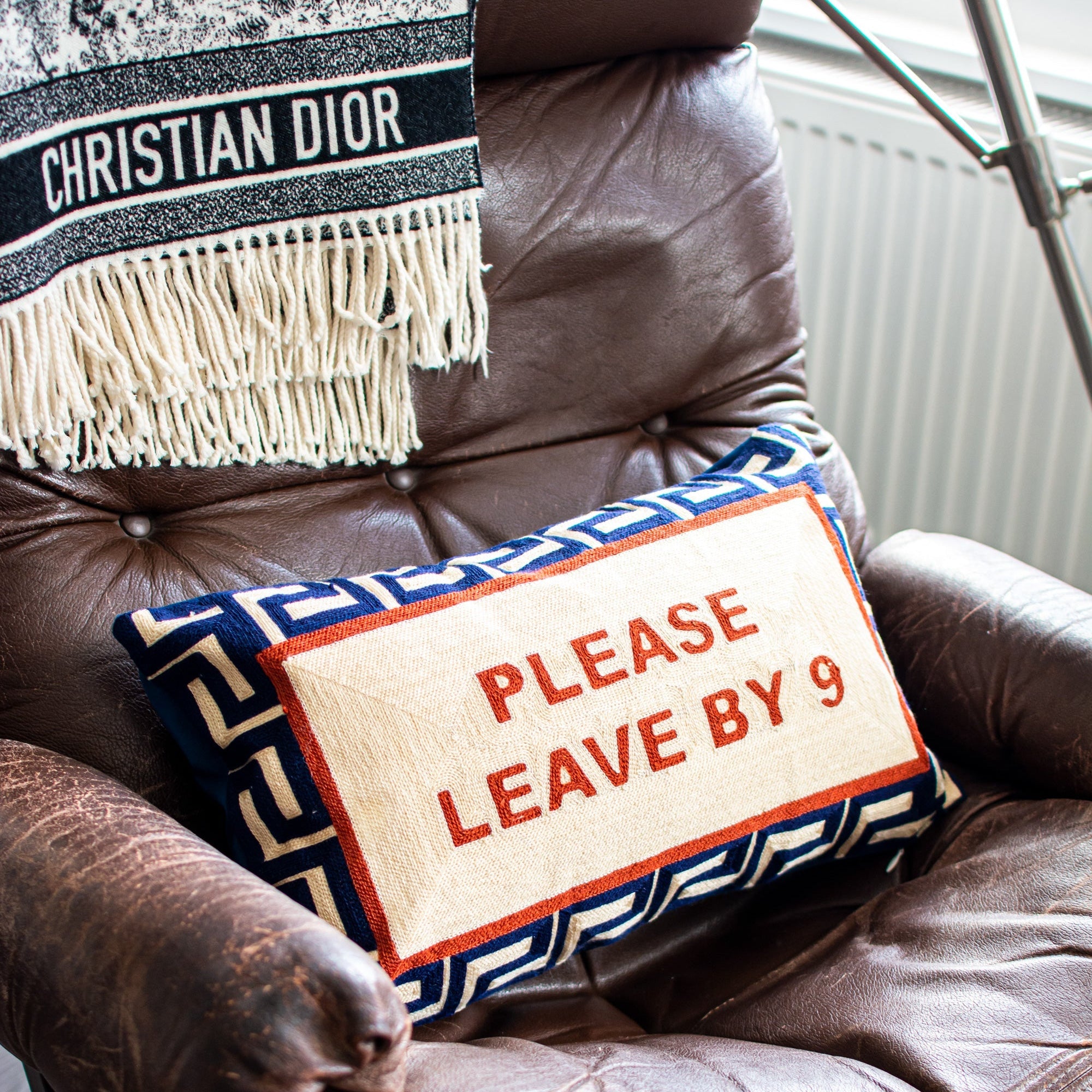 Please Leave By 9 Needlepoint Cushion