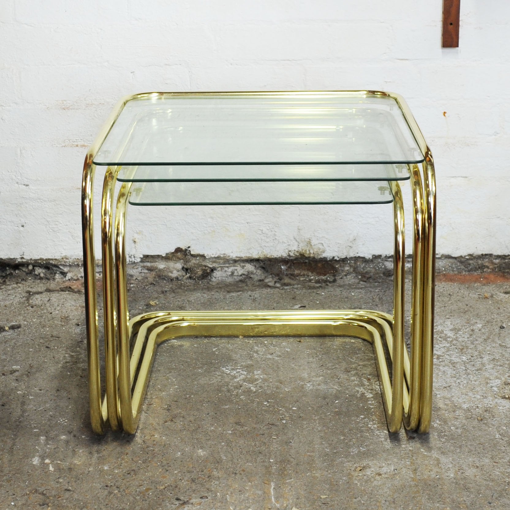 Vintage Mid-Century Modern Brass Smoked Glass Nesting Tables attributed to Milo Baughman, 1970s