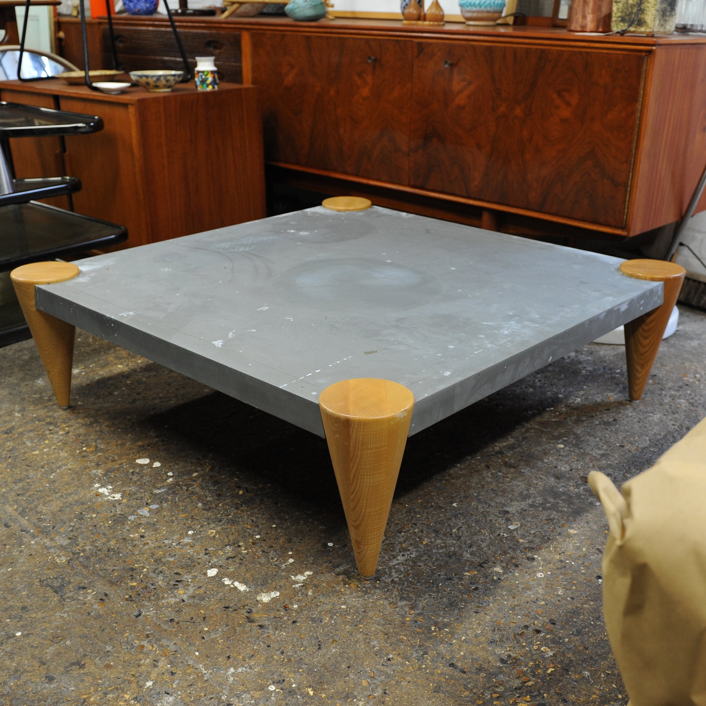 Zinc Square Coffee Table with Turned Oak Legs by Conran, 1980s