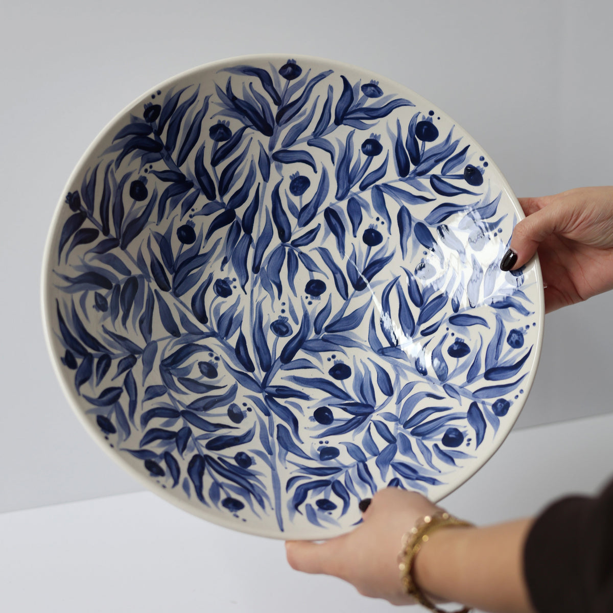 Hand Painted Pomegranate Large Serving Bowl - Deep Blue