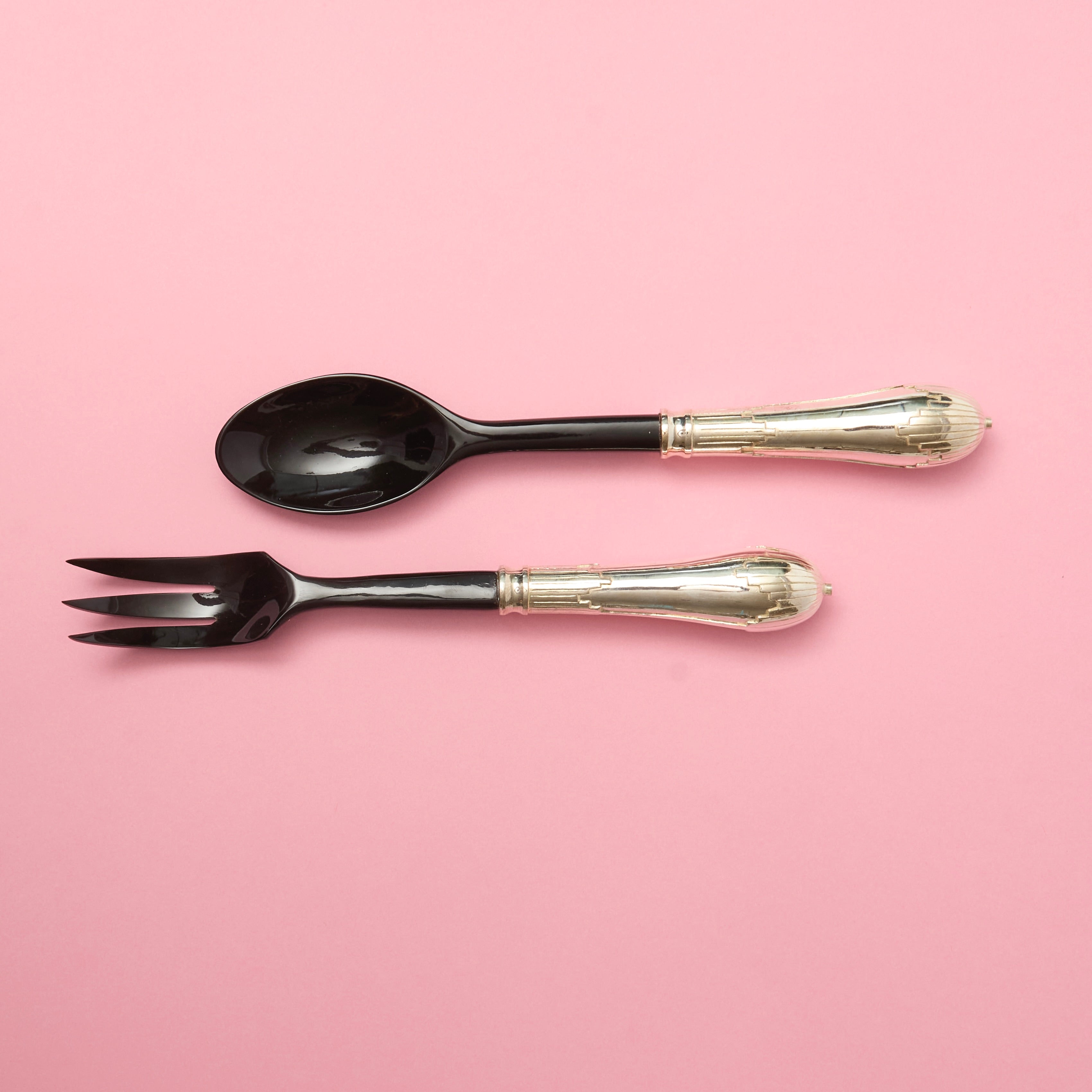Black Lacquer and Silvered Salad Servers