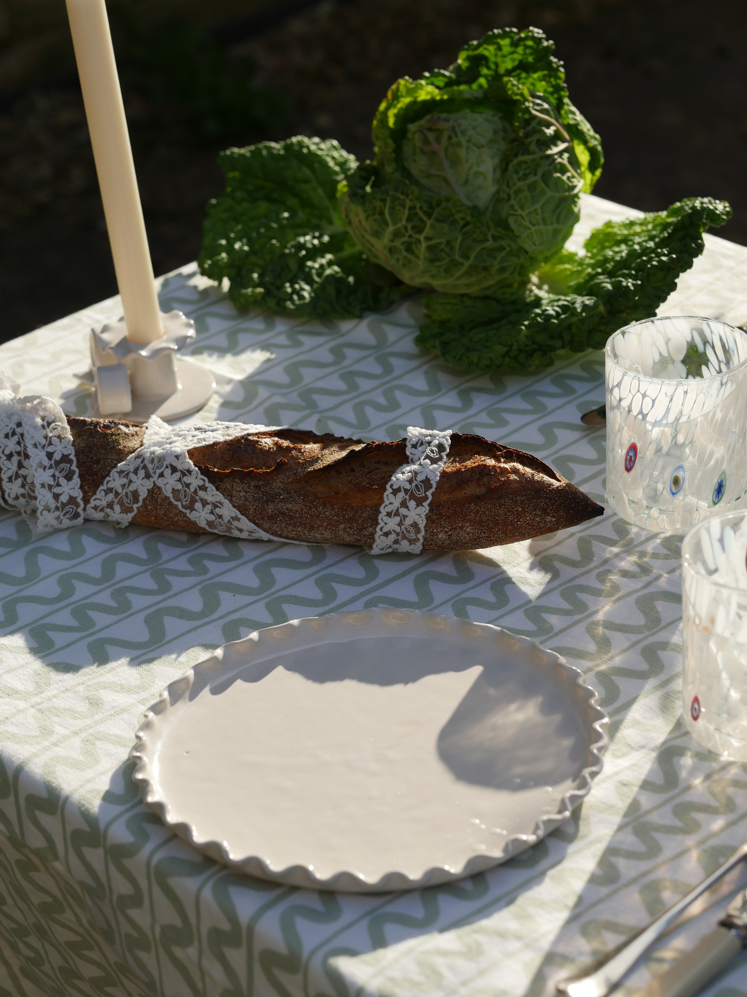 Green Wiggle Linen Tablecloth – Handmade Screen Print