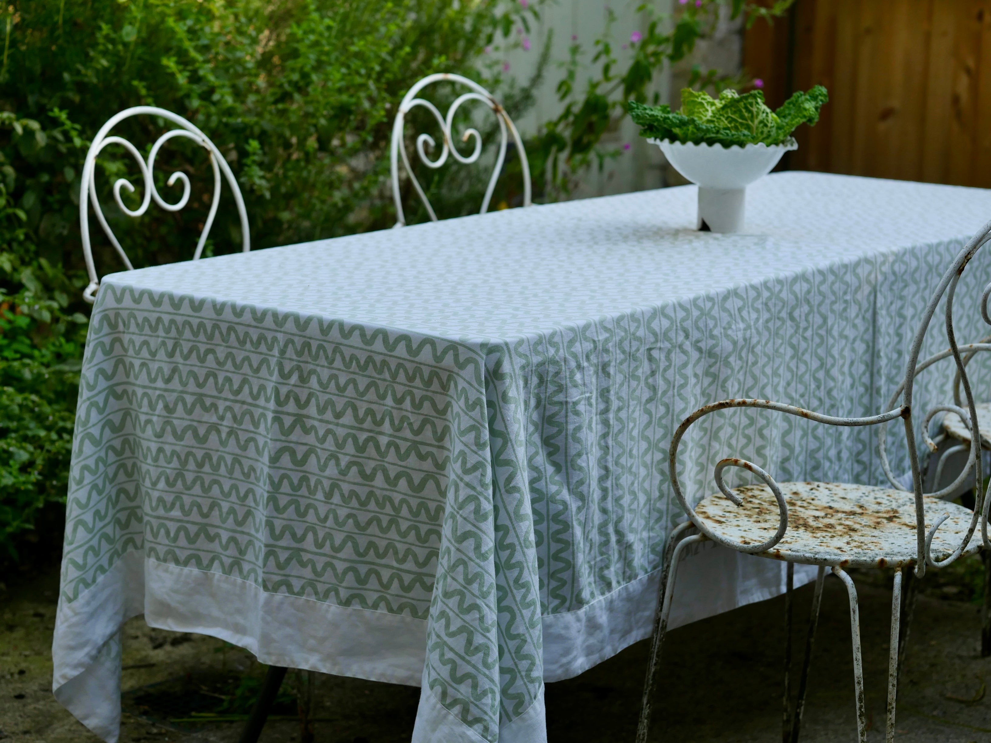 Green Wiggle Linen Tablecloth – Handmade Screen Print