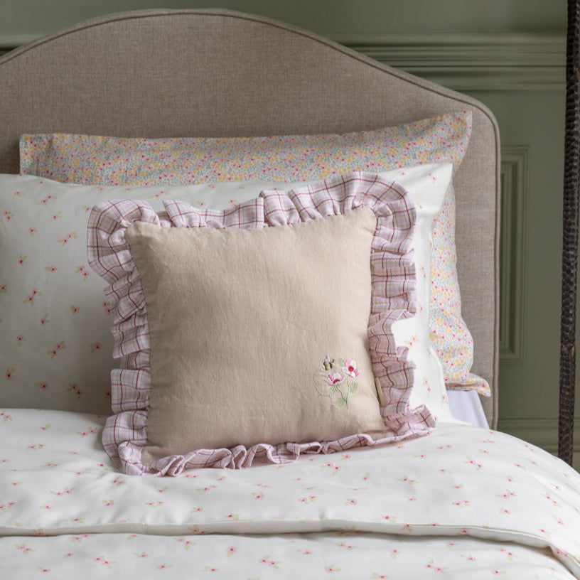 Square Linen Frill Cushion - Pink Check