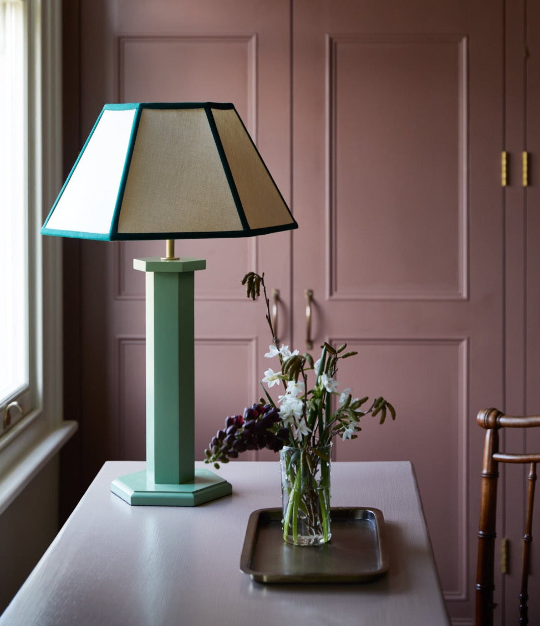 Green Trim Hexagon Linen Lampshade | Medium