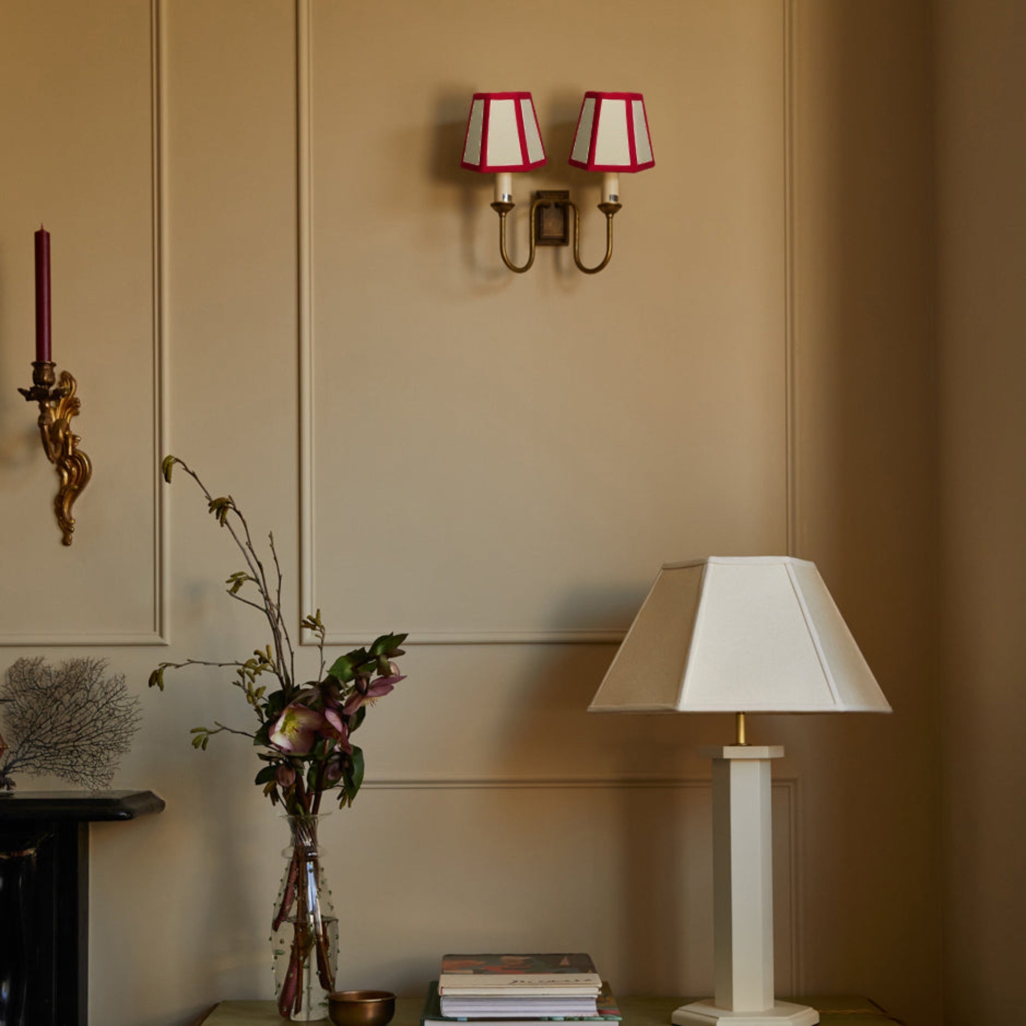 Red Trim Hexagon Linen Lampshade | Candle Shade