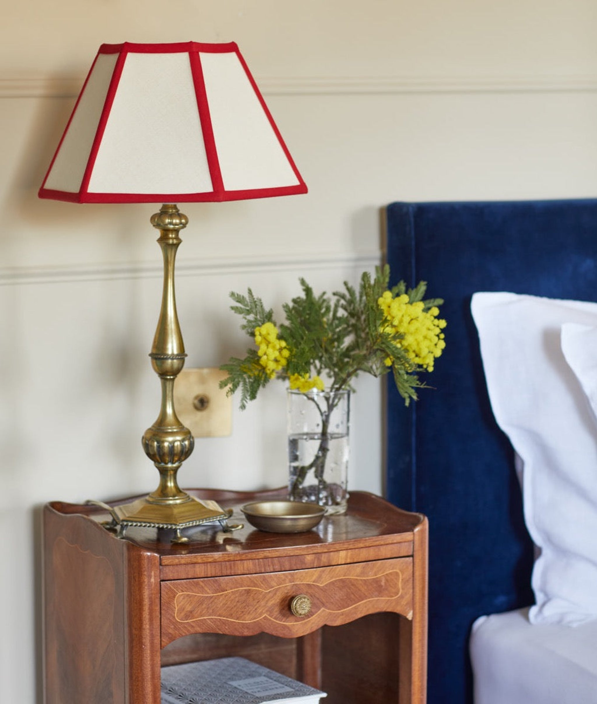 Red Trim Hexagon Linen Lampshade | Small