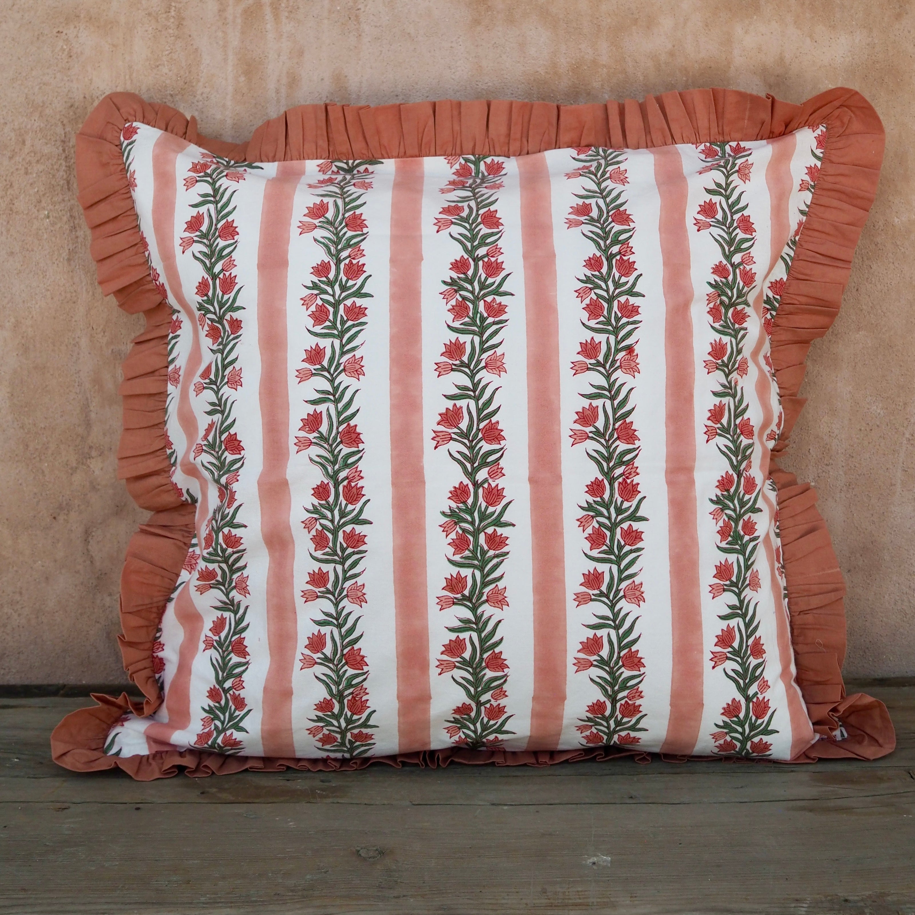 Large Terracotta Pink Floral and Stripe Reversible Cushion Cover