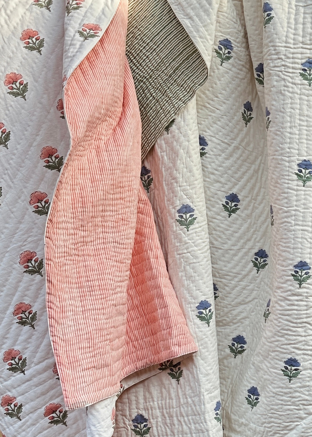 Blue Floral Summer Pique Bed Quilt