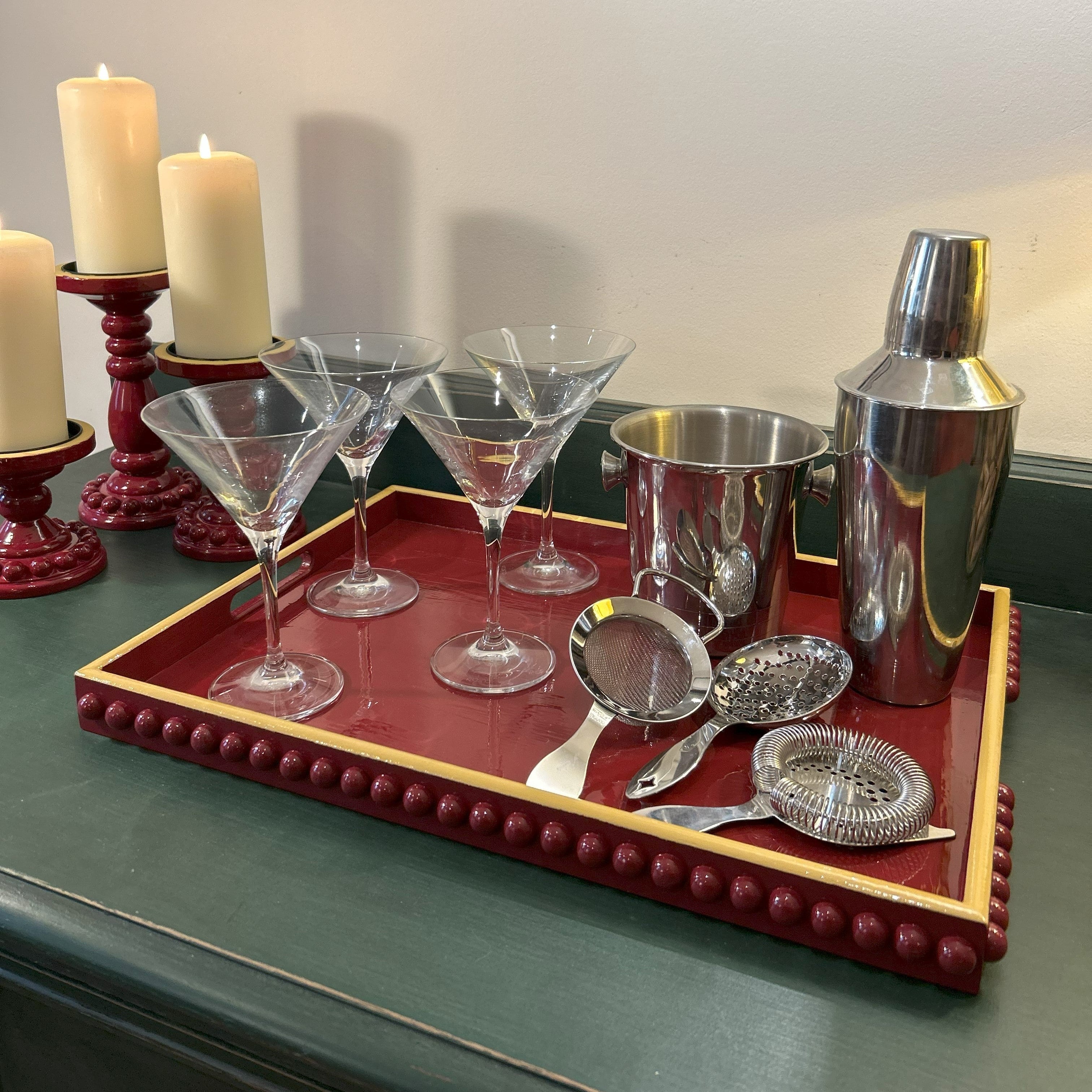 Red Lacquer Bobbin Tray with Mustard Yellow Edge