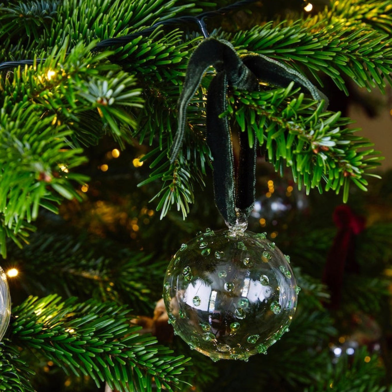 Box of Six Pom Glass Baubles | Green
