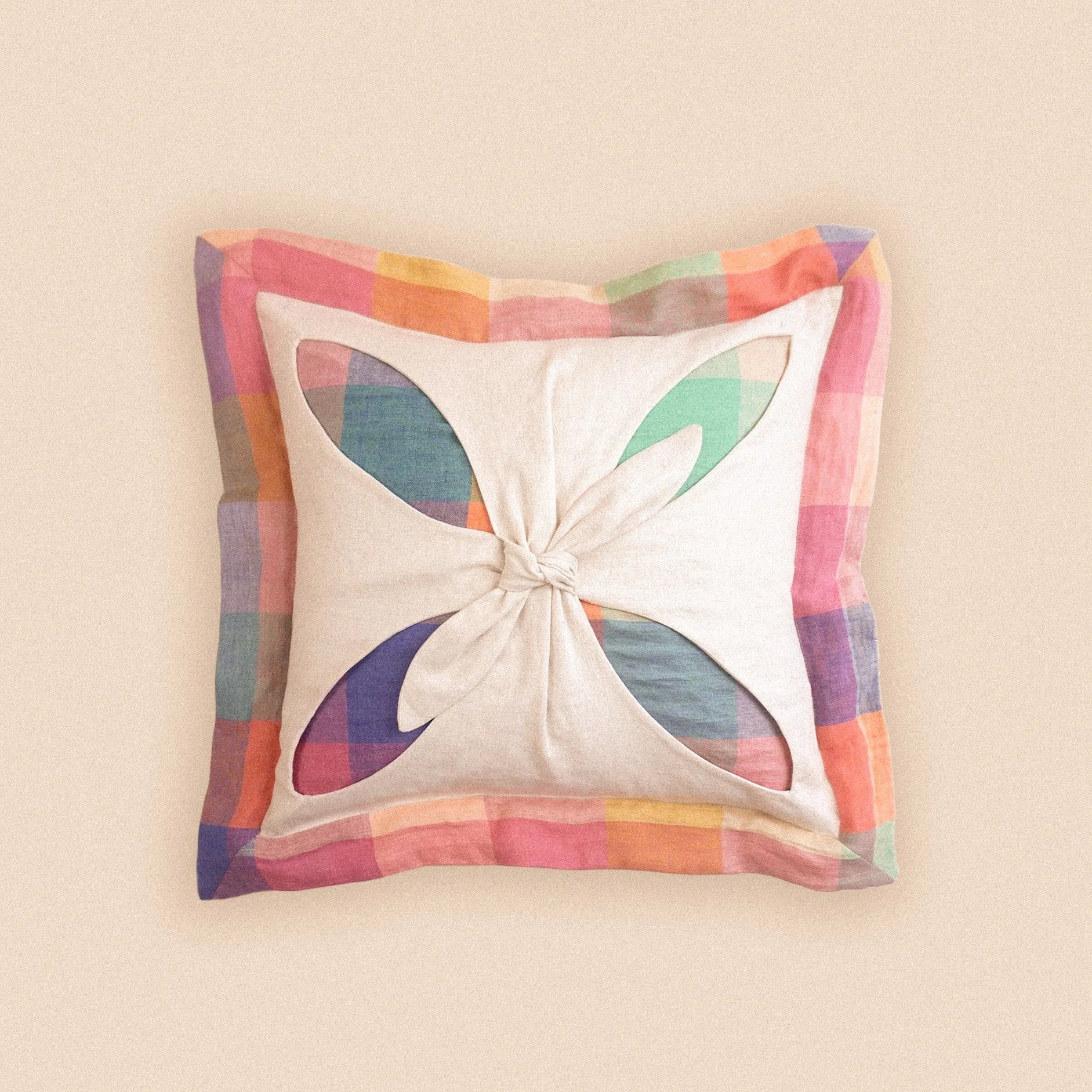 Tie-front rainbow check cushion