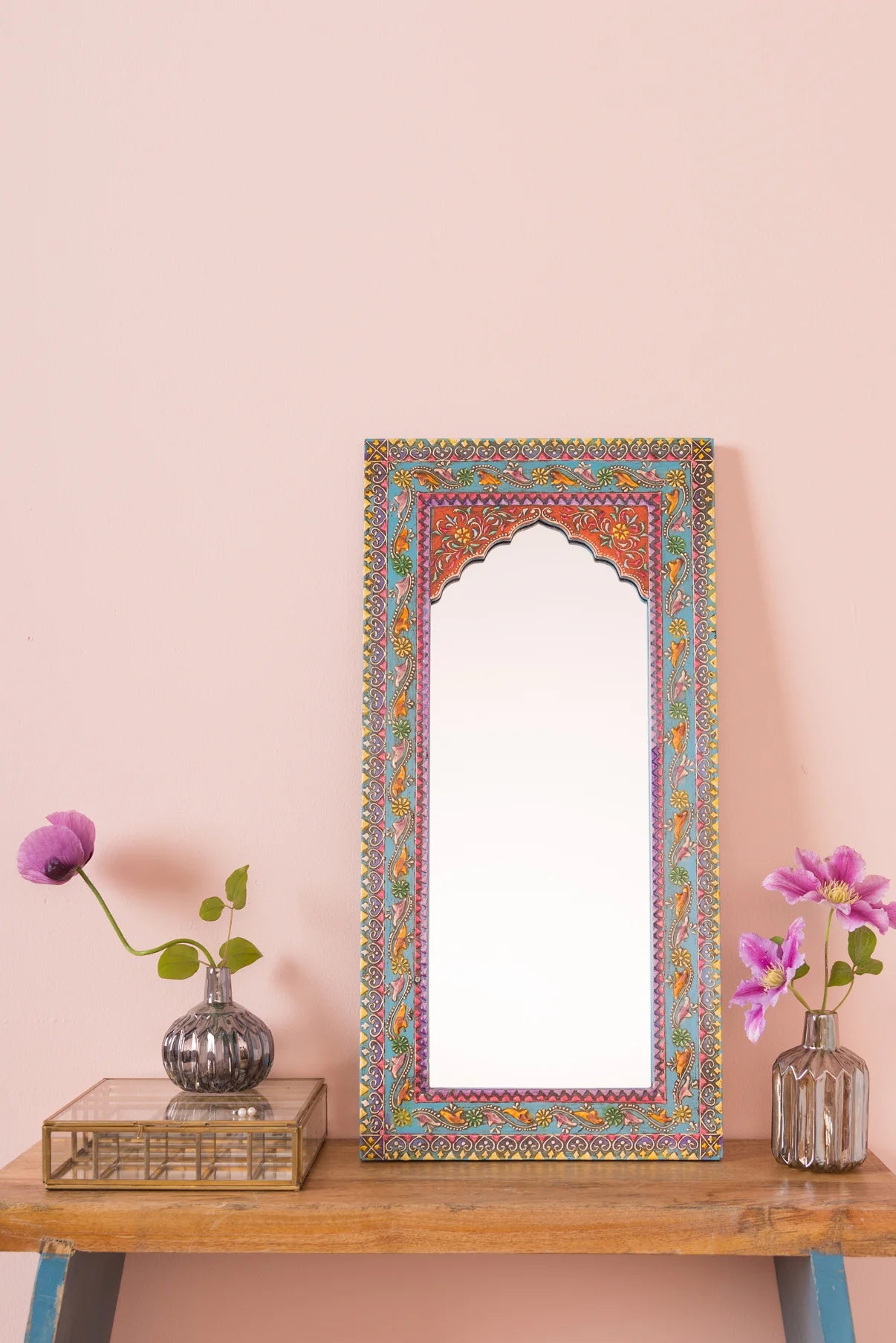 Highly Decorative Arched Wooden Mirror with Mehandi Work