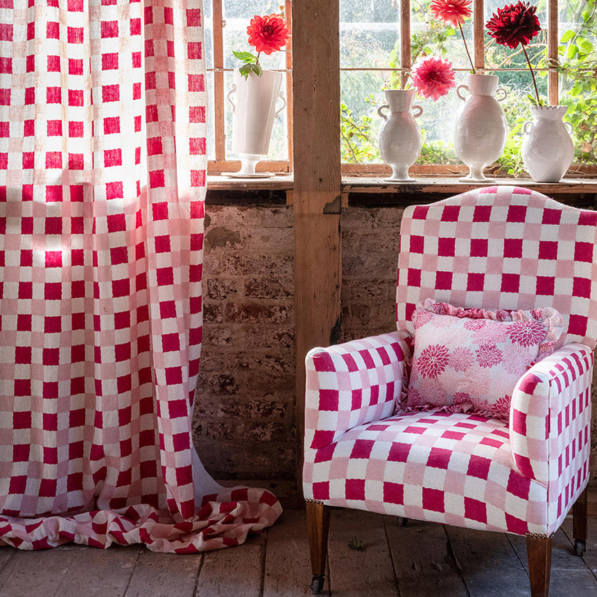 Chequer Block printed Fabric Linen Pinks