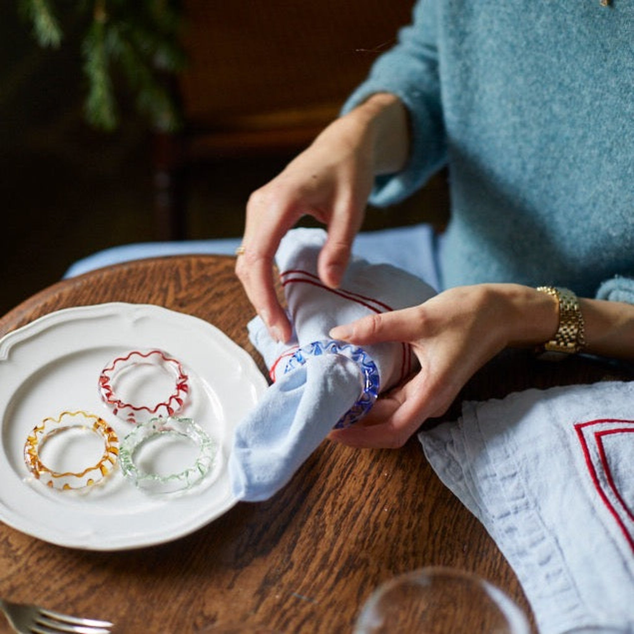 Multicoloured Squiggle Glass Napkin Rings | Set of Four