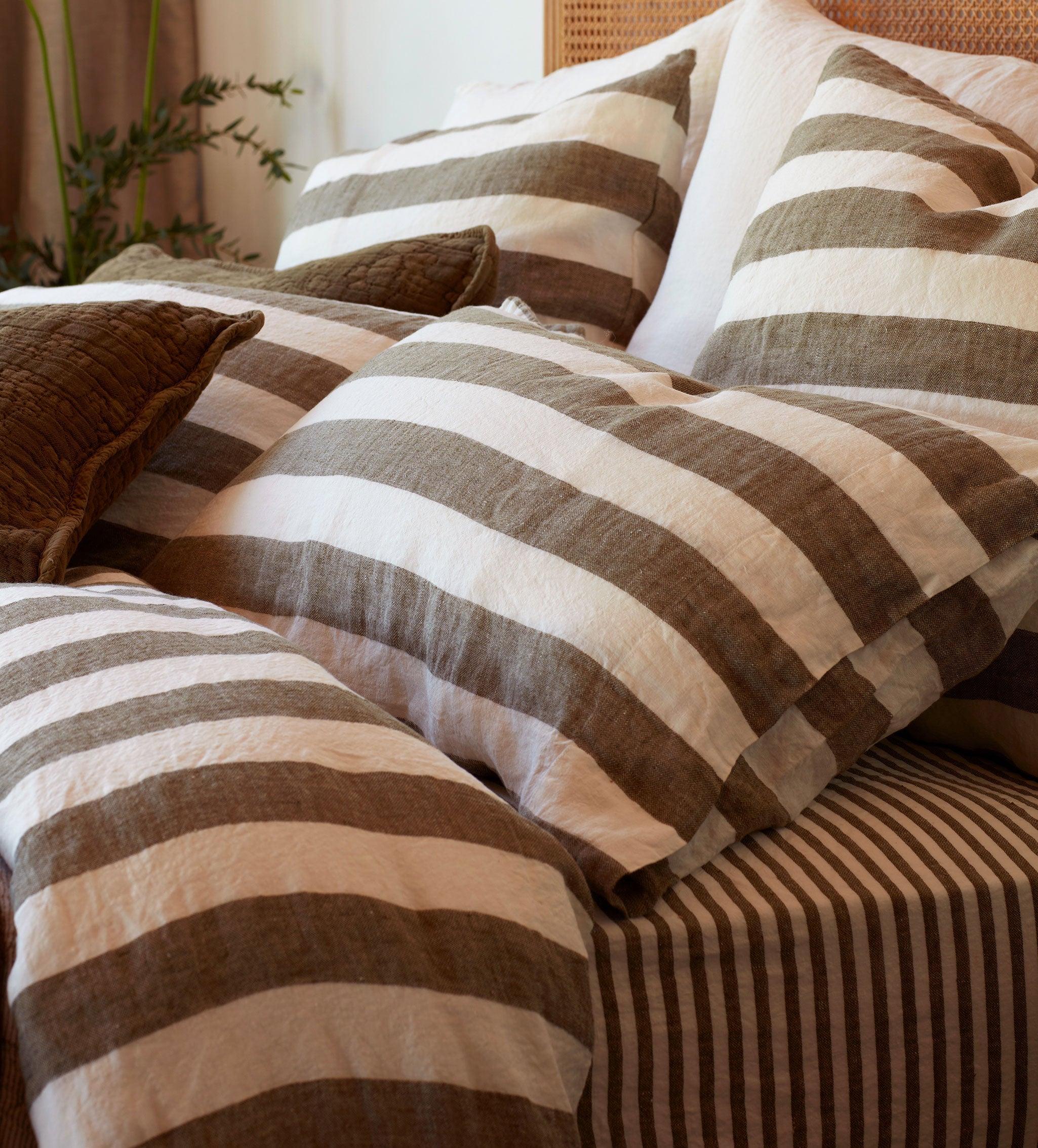 Dark Olive Cora Stripe 100% Linen Pillowcase