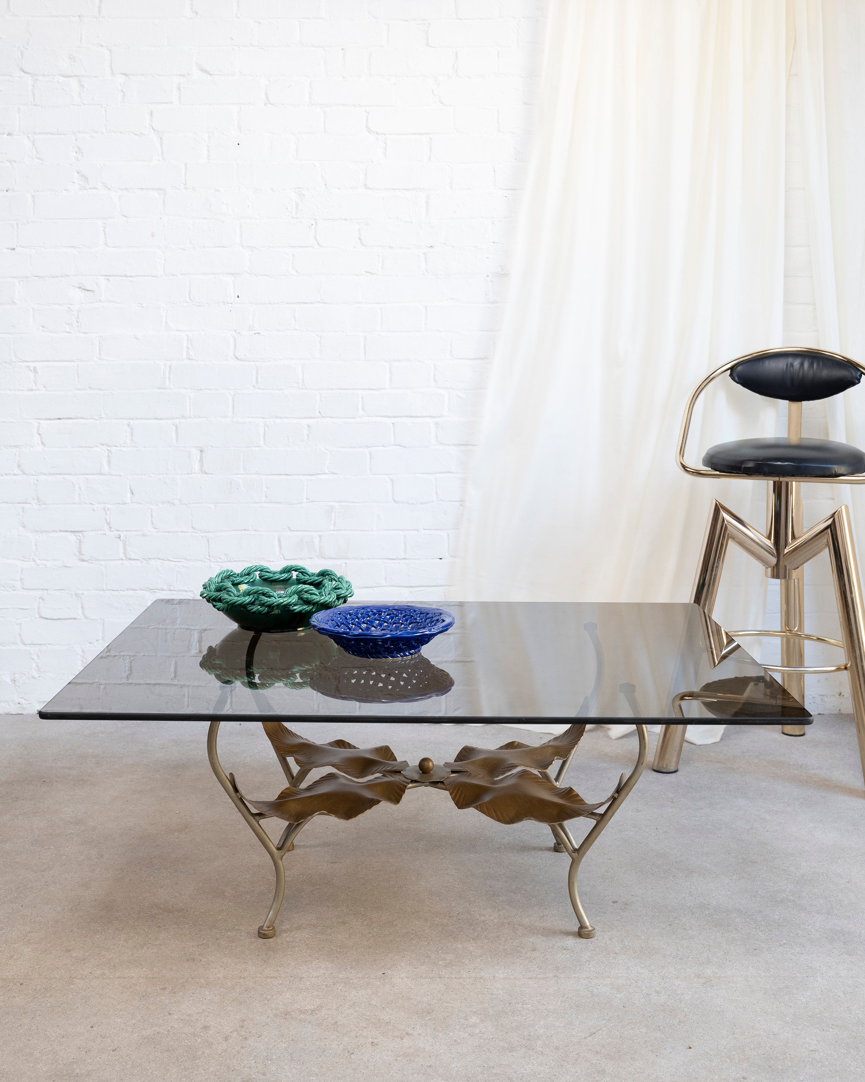 French Smoked Glass and Metal Leaf Coffee Table