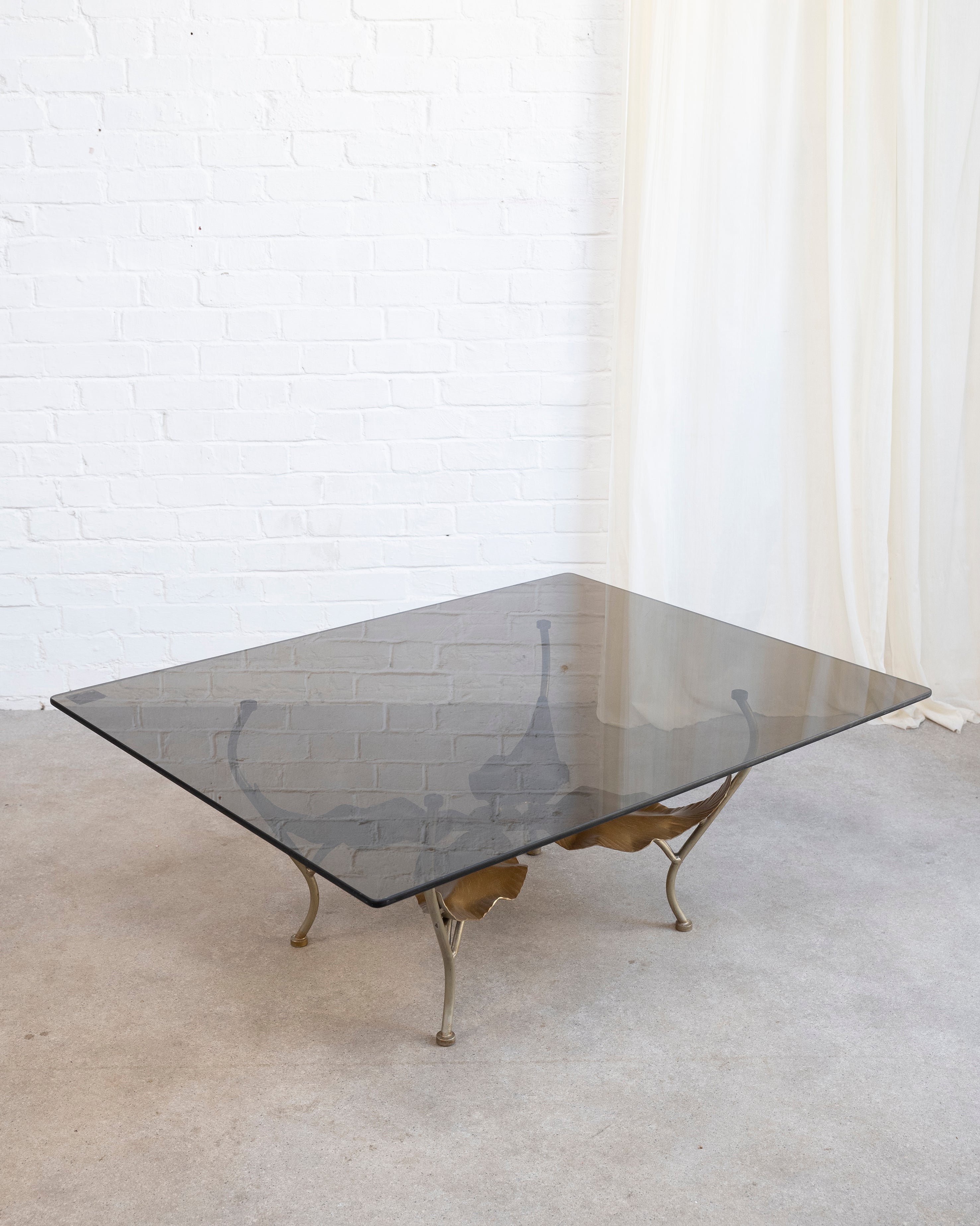 French Smoked Glass and Metal Leaf Coffee Table