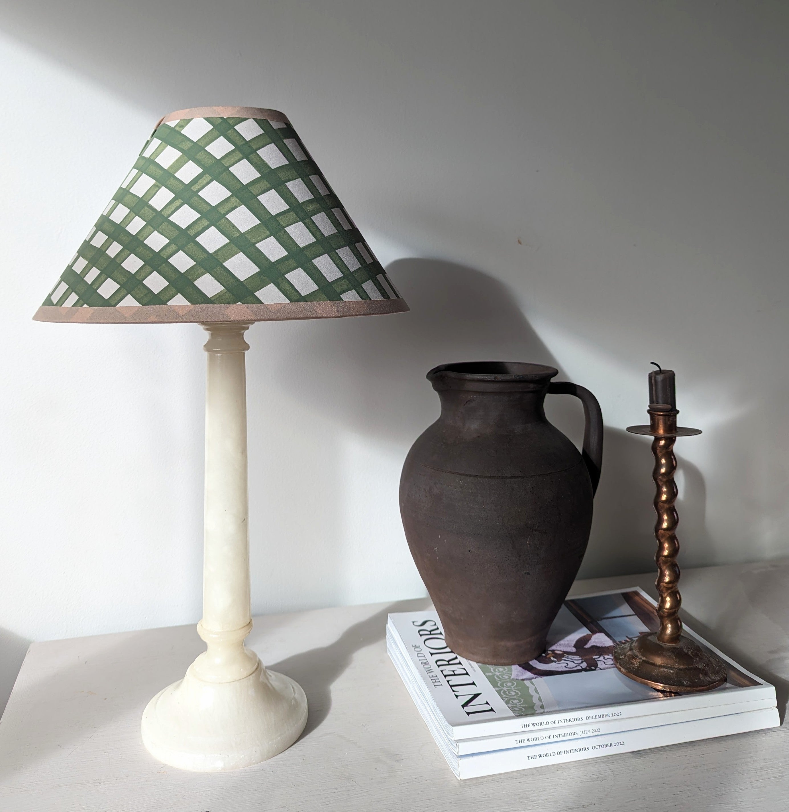 Green & Cream Gingham Hand Painted Paper Coolie Lampshade