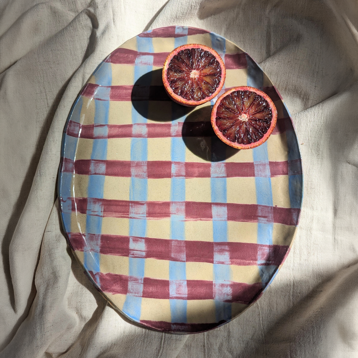 Baby Blue & Burgundy Gingham Oval Platter