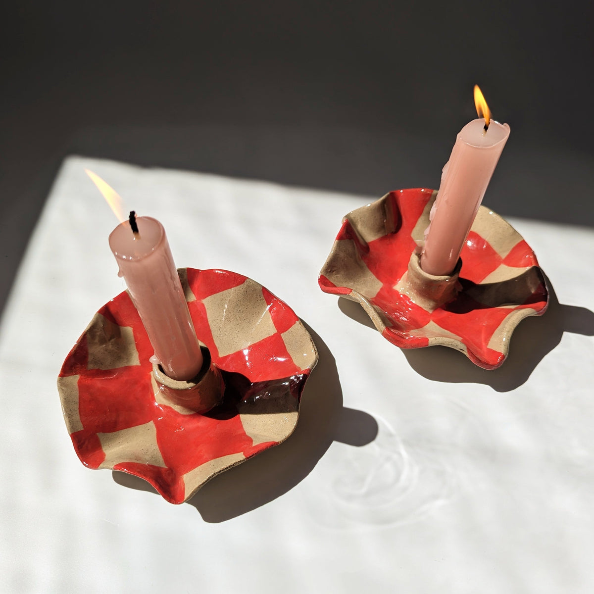 Red Check Scalloped Candle Holders