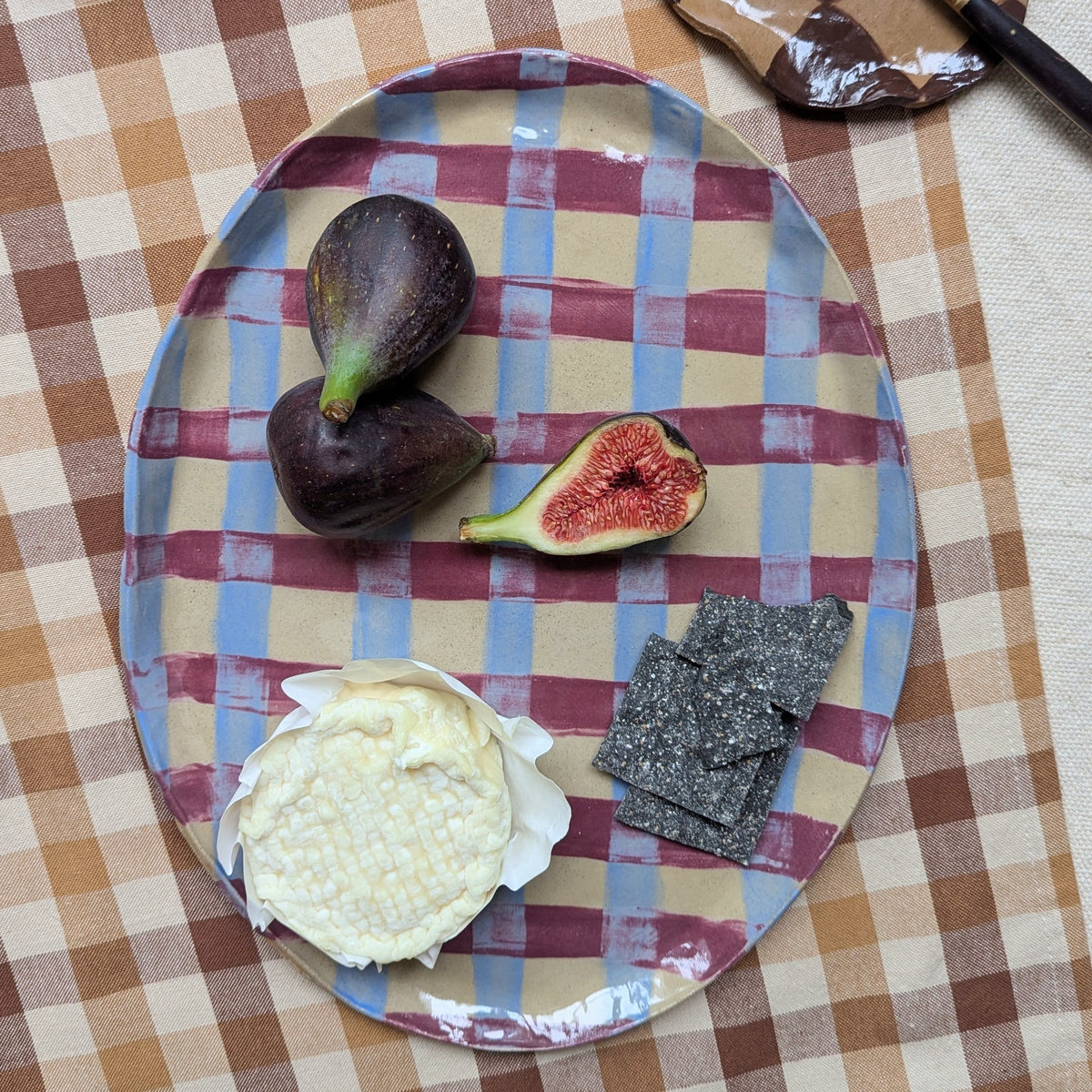 Baby Blue & Burgundy Gingham Oval Platter