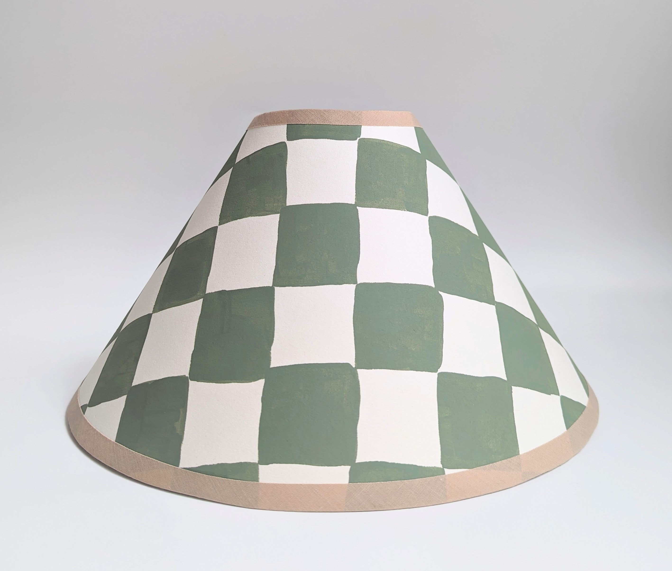 A Pair of Green & Cream Checkerboard Hand Painted Coolie Lampshades